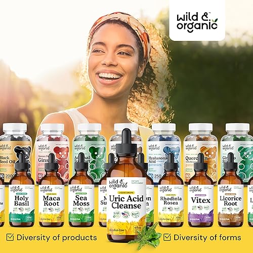 Miniatura 8 de Wild & Organic Gotas líquidas de limpieza de ácido úrico, cereza ácida, cúrcuma, apio, chanca piedra, complejo de extracto de raíz de diente de