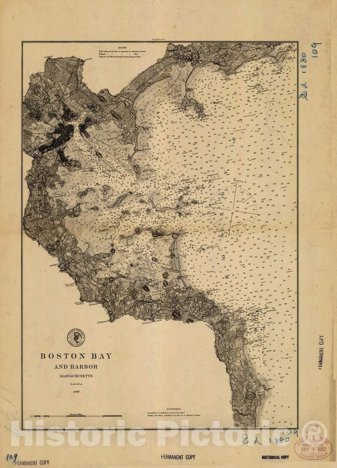 Historic Pictoric Boston Bay and Harbor 1880 Nautical Chart Map Print - 24in x 33in