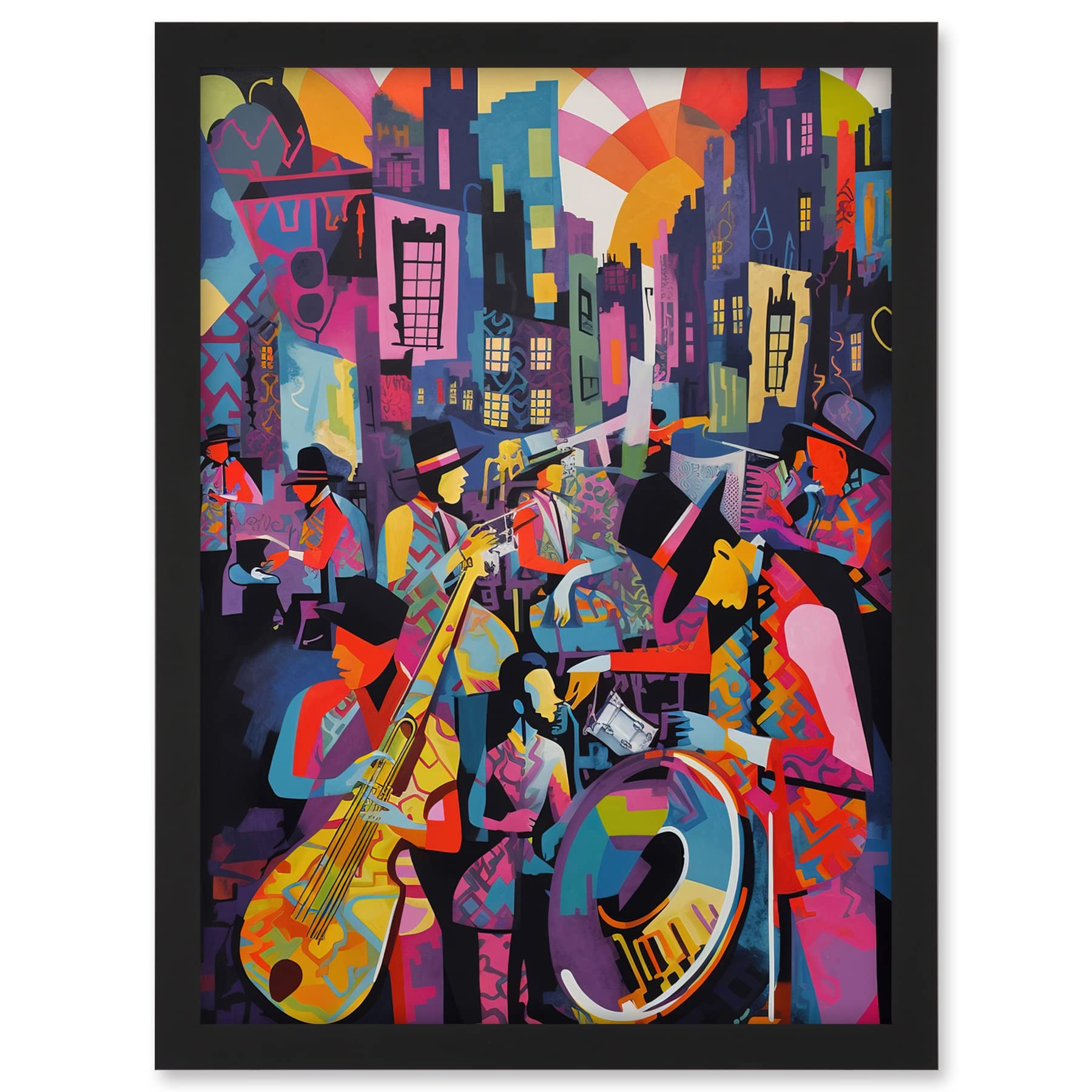 Artery8 New Orleans Jazz Festival Street Musicians Playing Music City at Sunset Abstract Modern Painting Artwork Framed A3 Wall Art Print