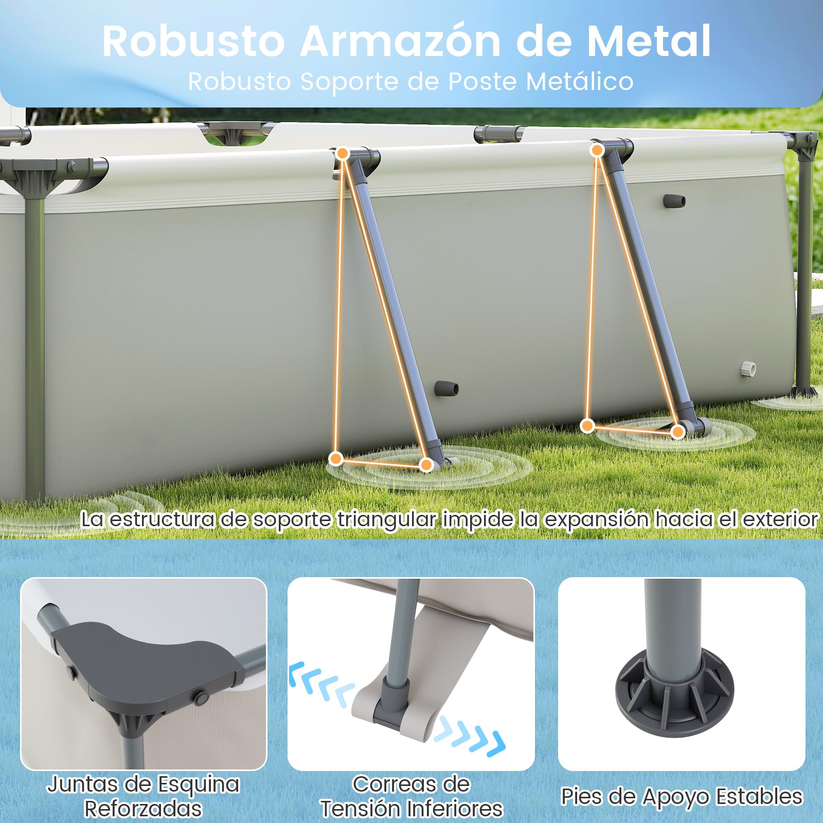 RELAX4LIFE Piscina Desmontable Rectangular 3701L con Estructura Metálica Revestida, Paredes PVC de 3 Capas, Depuradora y Bomba para 3-5 Personas, Piscina Rectangular para Niños, Montaje Rápido (Gris)