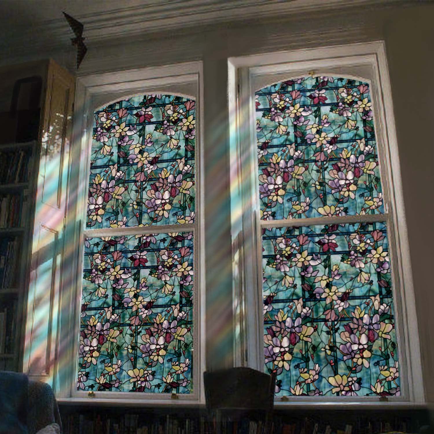 Neukids Double-Sided Blue Magnolia Window Film, Static Adhesive Privacy Film, Self-Adhesive Window Film, Stained Glass Window Film, Pattern, Bedroom, Living Room, Kitchen, Decorative Film, 90 x 300 cm