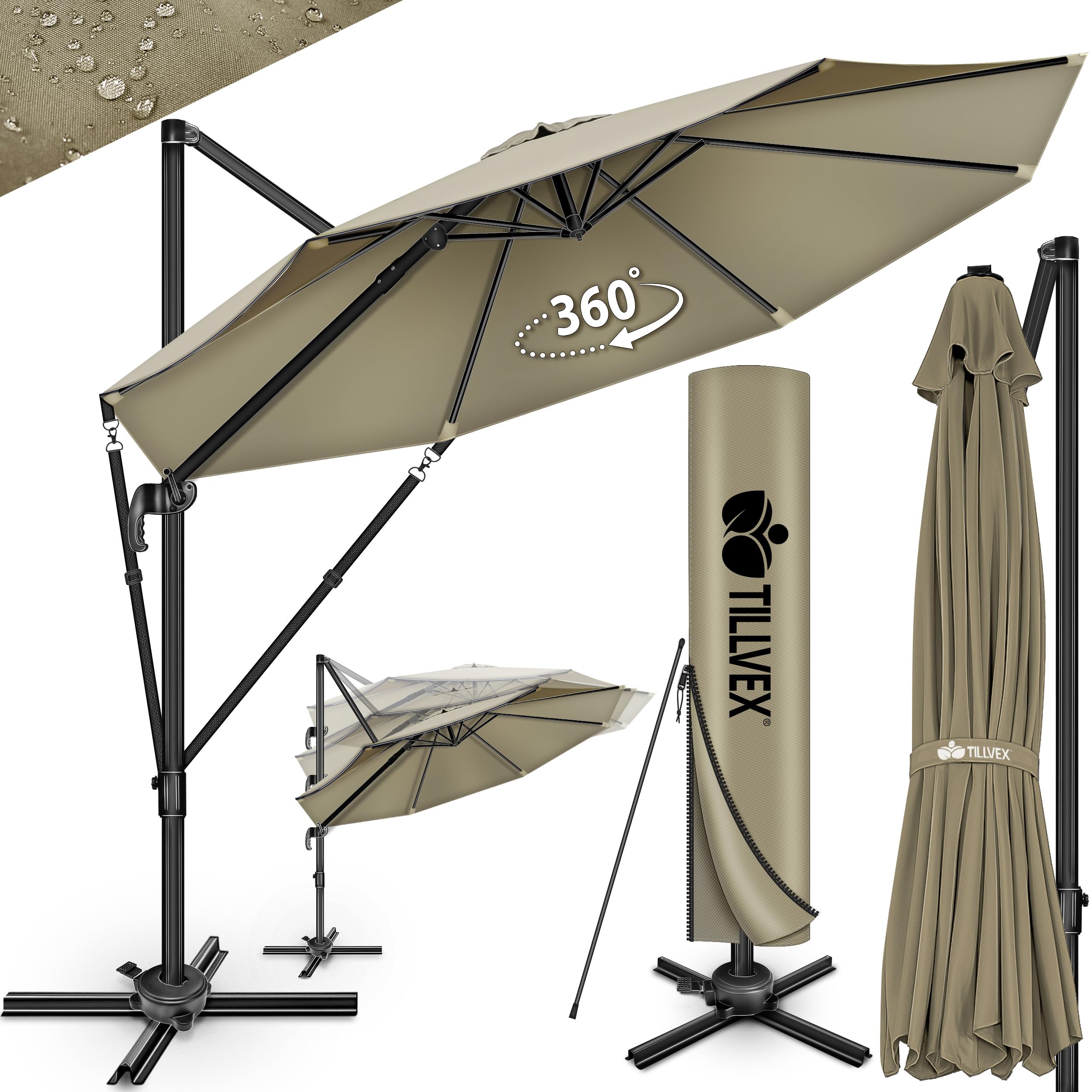 tillvex® Sombrilla Premium 330cm con manivela, cubierta y protección contra el viento, 6 posiciones ajustable con manivela, Parasol de jardín giratoria 360° & inclinable