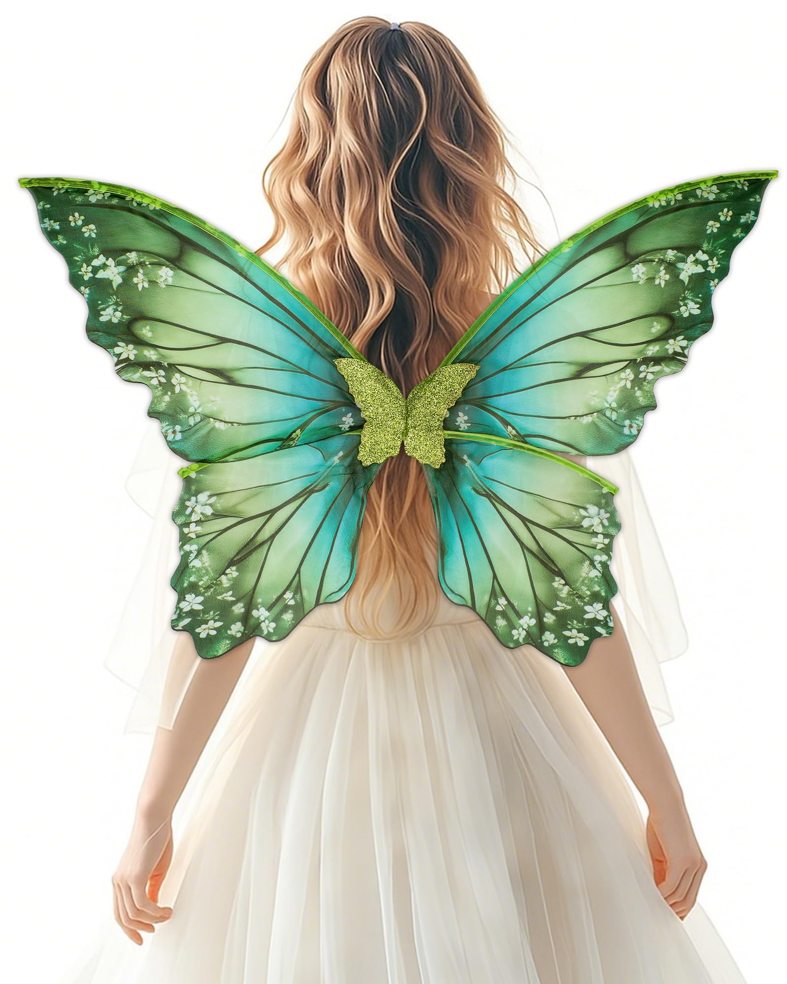 PartyforU Green Fairy Wings Costume Adult Women Butterfly Wings Renfaire Halloween Prom Party Elf Clothing Fancy Dress