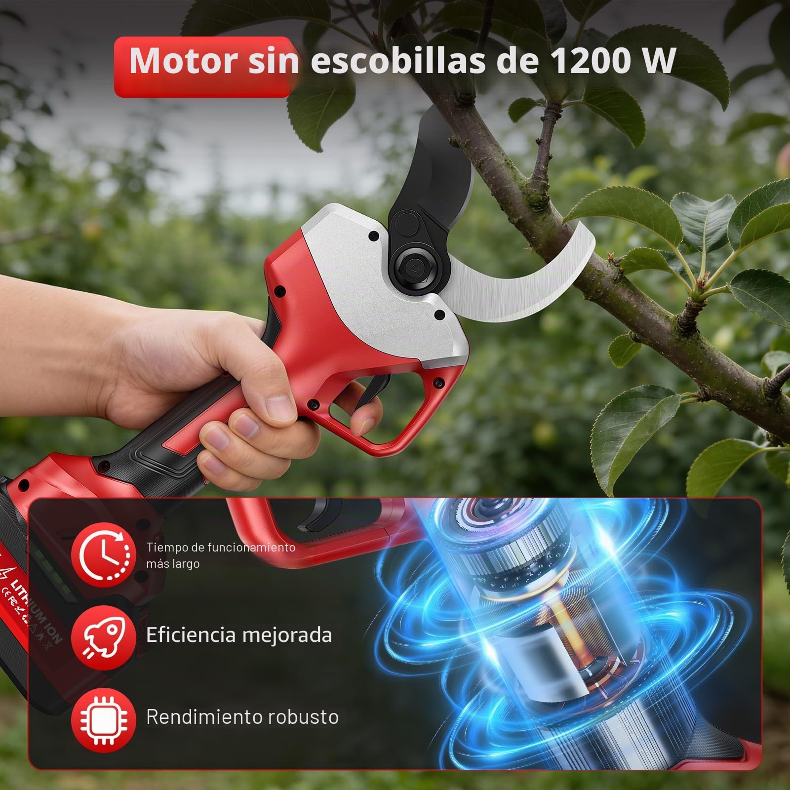 Tijeras de podar eléctricas, apertura de hoja de 75 mm, capacidad de corte de 50-60 mm, potencia de 1200 W, ajuste de doble velocidad, pantalla LCD, batería de 21 V 4000 mAh, cuchillas afiladas SK7