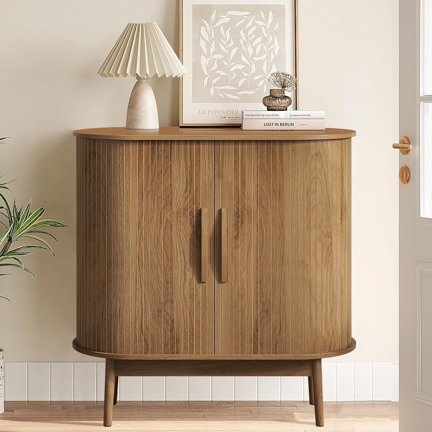 Small Sideboard Buffet Cabinet with Storage, Sliding Doors, 31" Wood Narrow Accent Storage Cabinet, Modern Buffet Table Coffee Bar Cabinet for Kitchen, Living Room (Walnut)