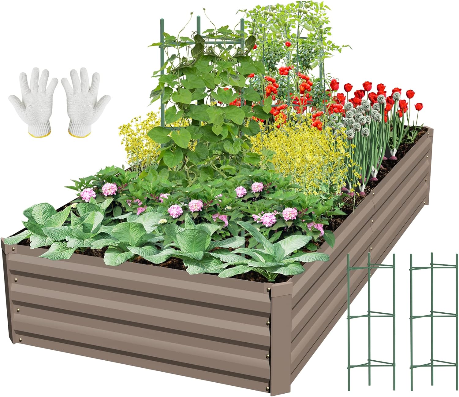 SONFILY Raised Garden Bed Metal Raised Garden Bed Outdoor Kit Garden Boxes Raised Galvanized Planter Raised Beds for Gardening Vegetables Fruit with 2pcs Tomato Cages,8x4x1ft,Brown Brown 8x4x1 ft