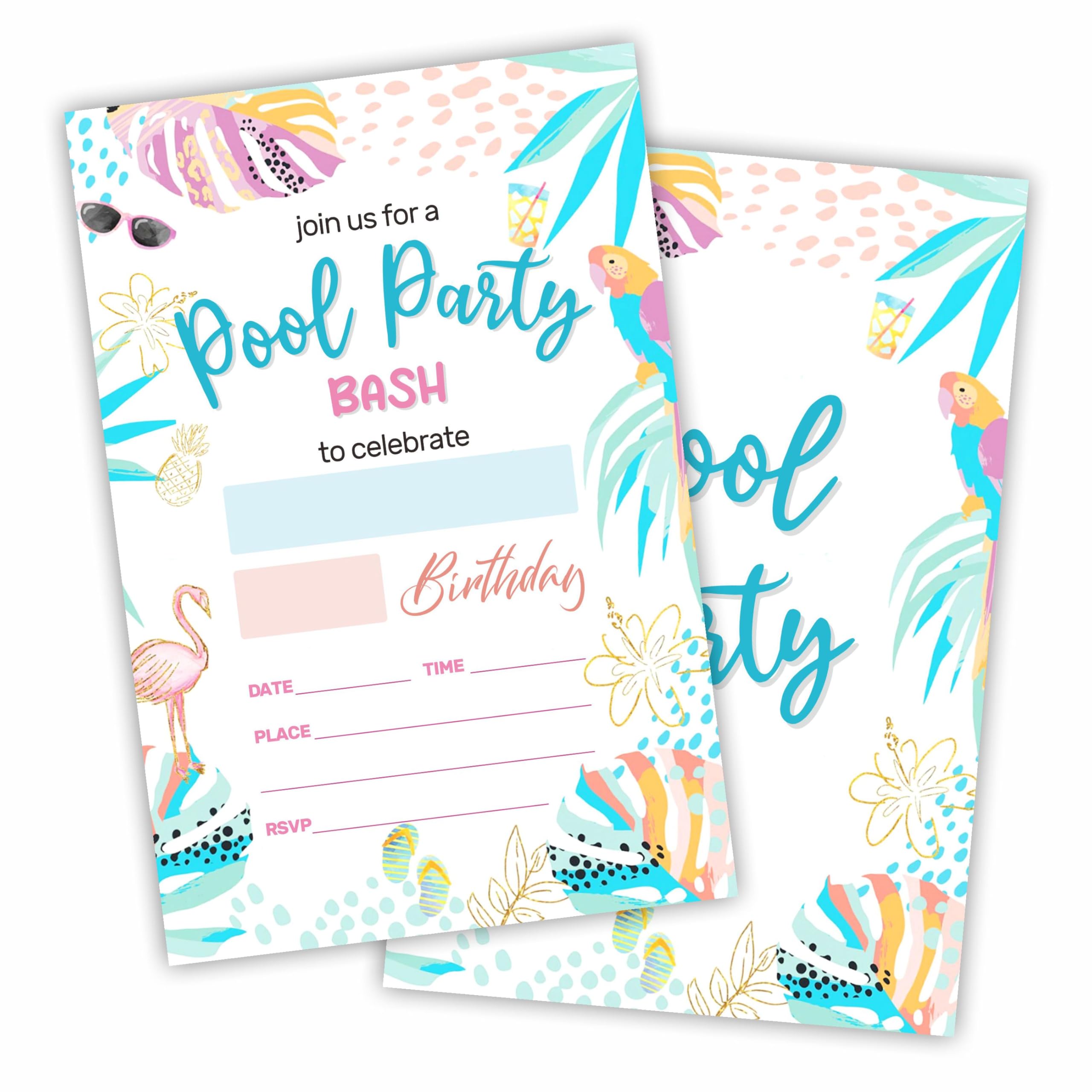 WeMaison Pool Party Birthday Invitations With Envelopes- Tropical Summer Theme, Pool Bash Invite- Double-Sided Fill In Style Invites For Girls Boys Kids Teens- Party Favor & Supplies (20 Sets)- C01