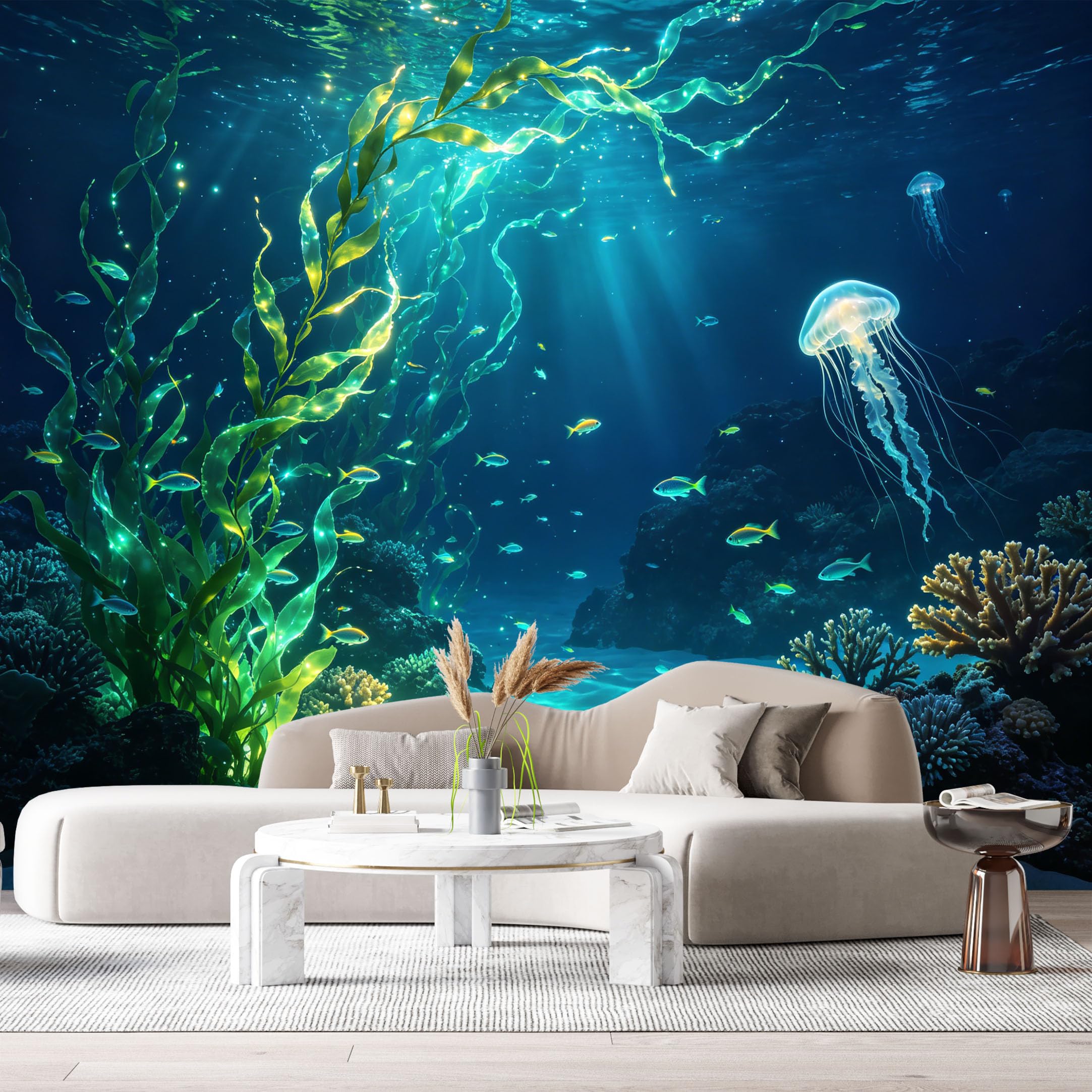 Custom Size Wall Murals Ocean Marine Watercolor Jellyfish Seaweed Coral Reef SelfAdhesiveWall Fabric Removable Wallpaper Wall Decor for Living Room Bedroom Bathroom