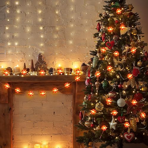 Miniatura 4 de Bencailor Paquete de 3 tiras de luces de caramelo de Navidad para árbol de Navidad, luces decorativas de piruleta roja, luces colgantes en árbol,