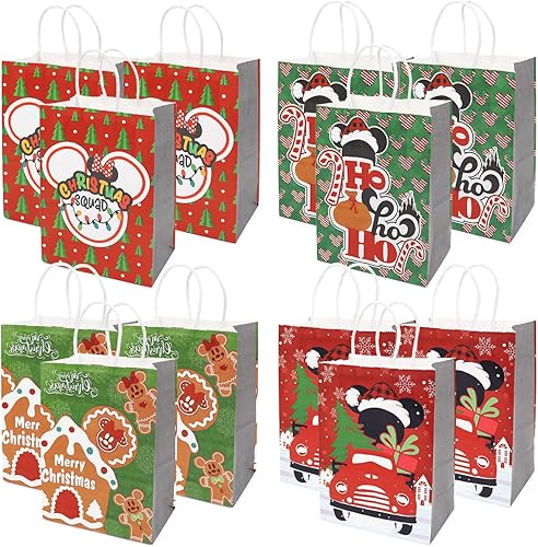 ORNACELE Bolsas de regalo de Navidad, 12 unidades de estilos surtidos, bolsas de papel kraft pequeñas de Navidad con asas, bolsas de regalos de