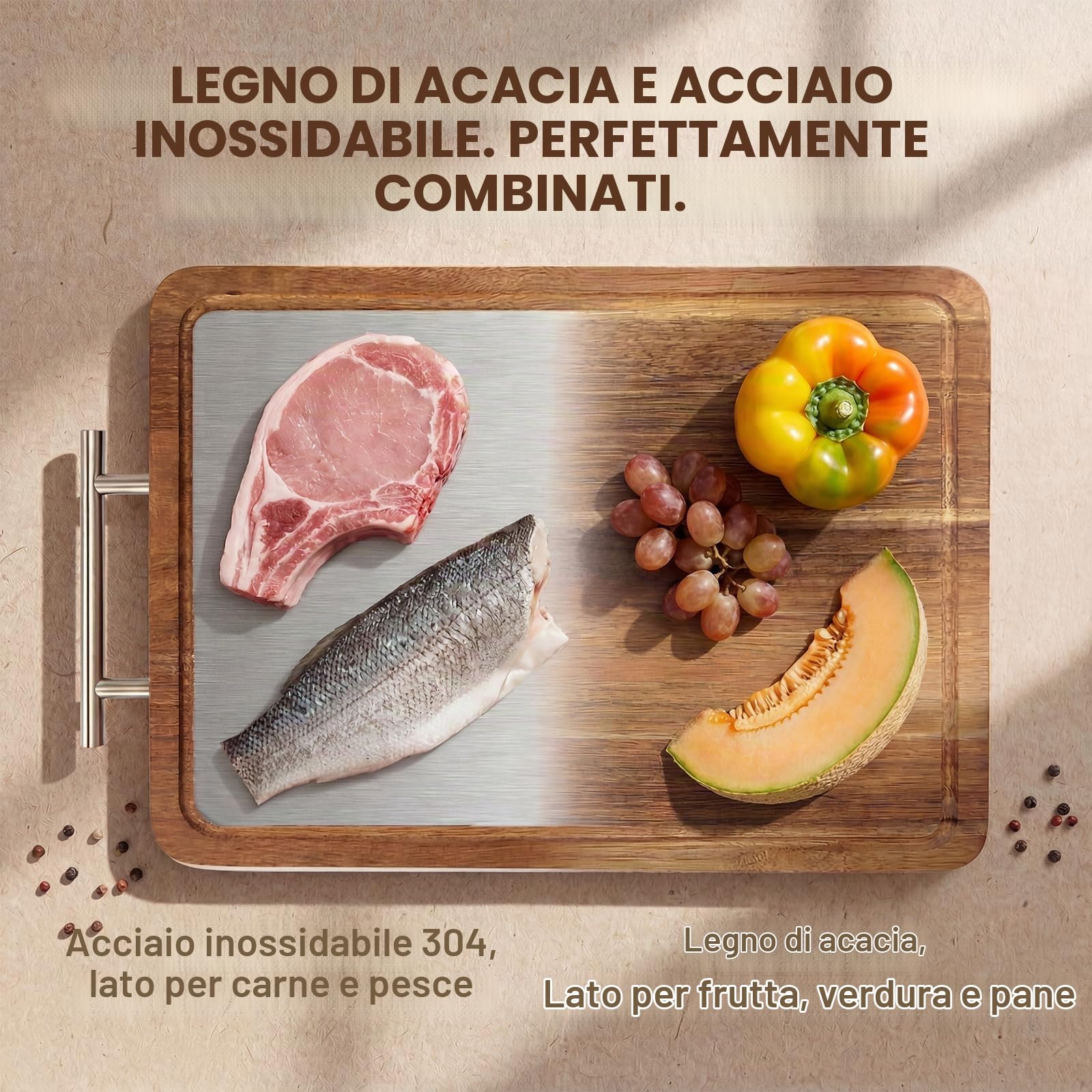 Tagliere Doppia Faccia Legno di Acacia e Acciaio Inox 34 x 28,5 x 2 cm | 2 in 1, Scanalatura per Succhi, Per Carne, Pesce, Verdure e Pane, Igienico, Facile da Pulire
