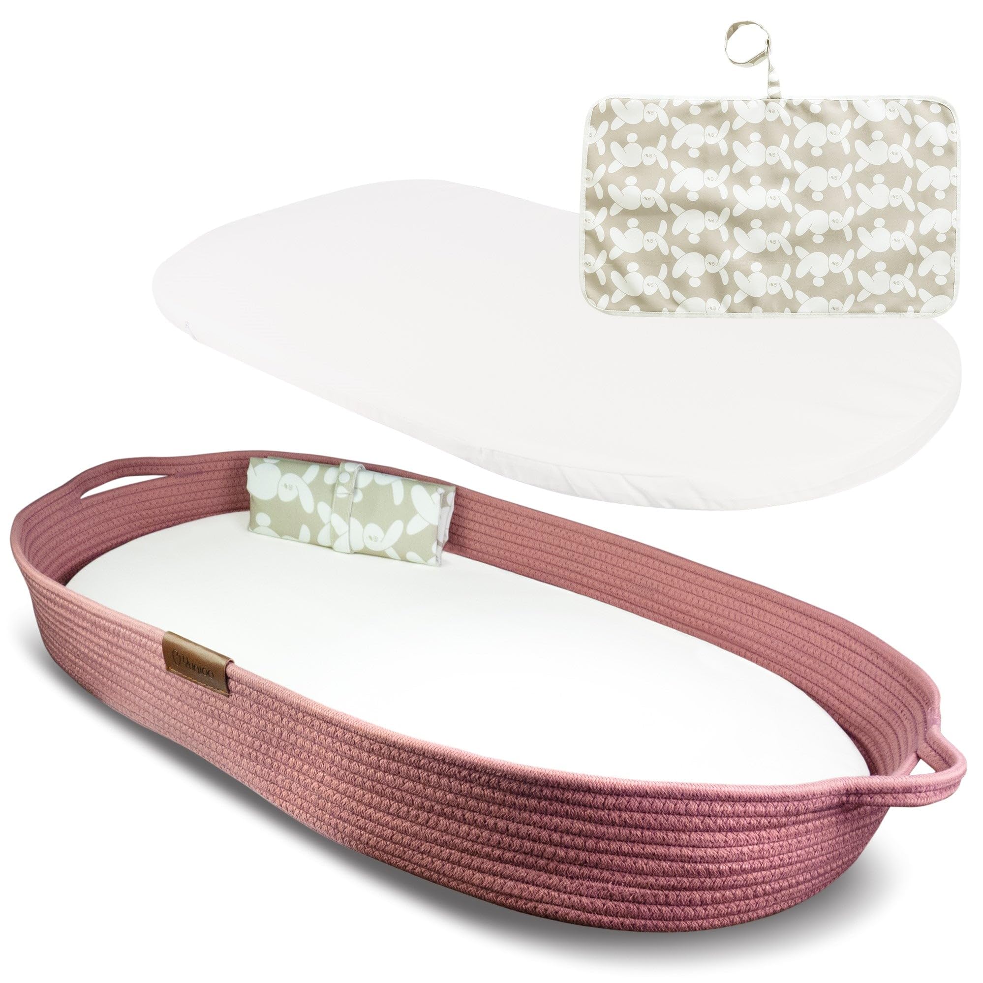 Yunioo Deluxe Baby Changing Basket with Extra Travel Changing Mat, Premium Portable Baby Changing Mat with Ultrasoft Cover, Cotton Rope Baby Basket, Changing Table Topper for Dresser (Rose)