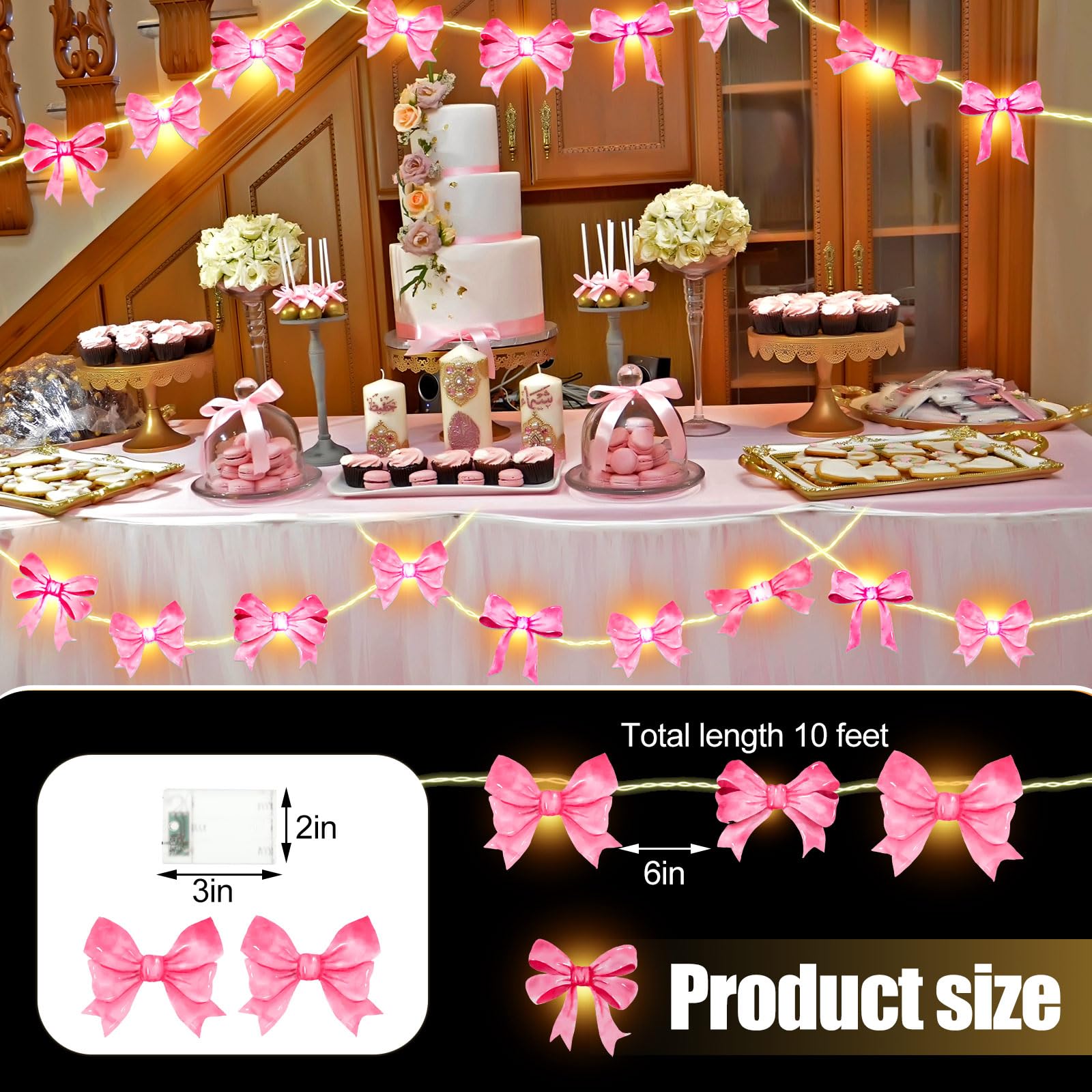 VIHOSE Lichterkette mit rosa Schleife für Schlafzimmer, 3 m, 20 LEDs, batteriebetrieben, rosa Schleife, Raumdekoration für Schlafsaal, adrette Zimmer, Wanddekoration, Geburtstag, Hochzeit, Innen- und