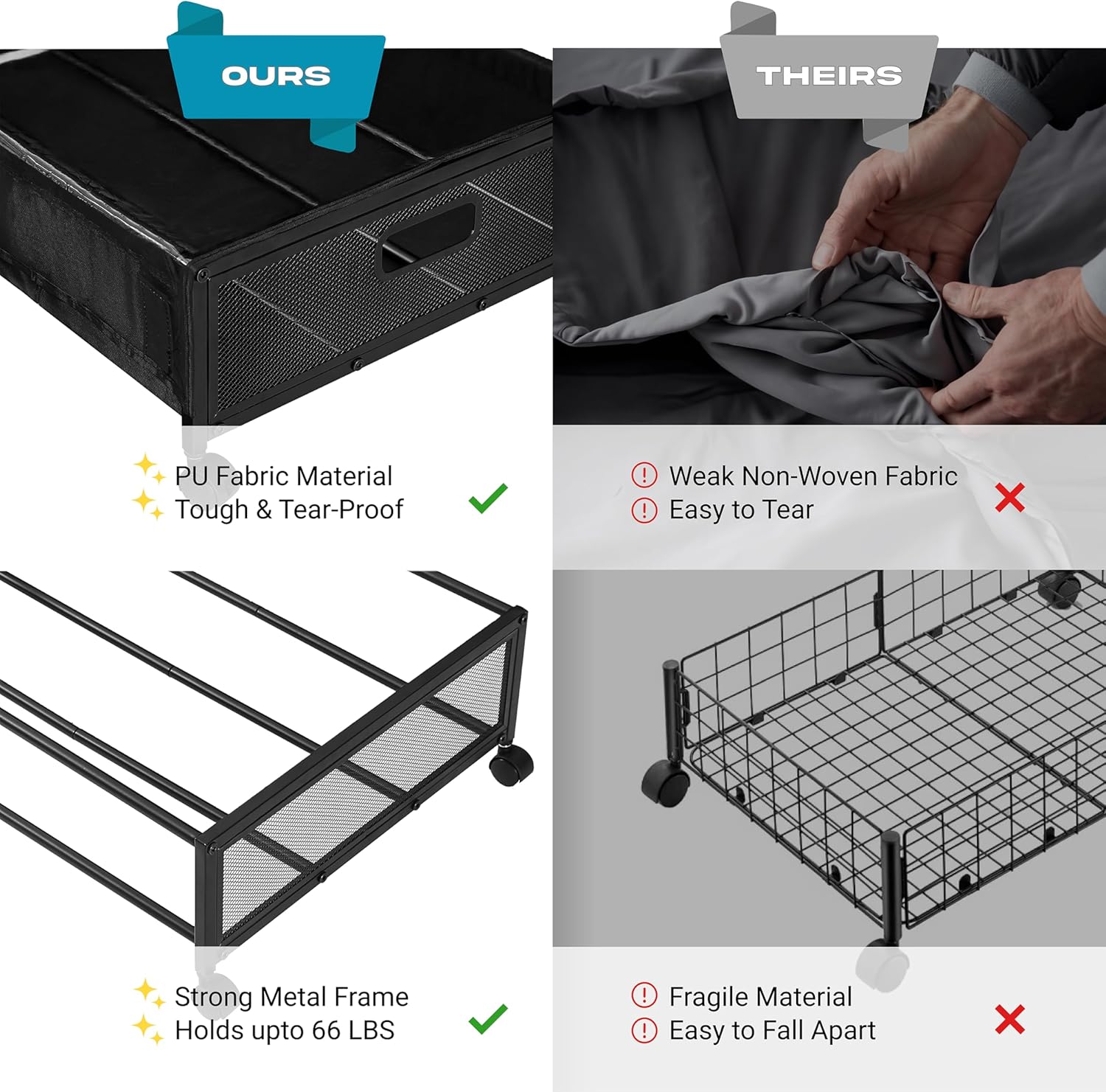 Under Bed Storage with Wheels and Lid – Rolling Under Bed Metal Drawer for Shoes, Clothes, and More – Space-Saving Underbed Storage Containers (2 Pack, Black)