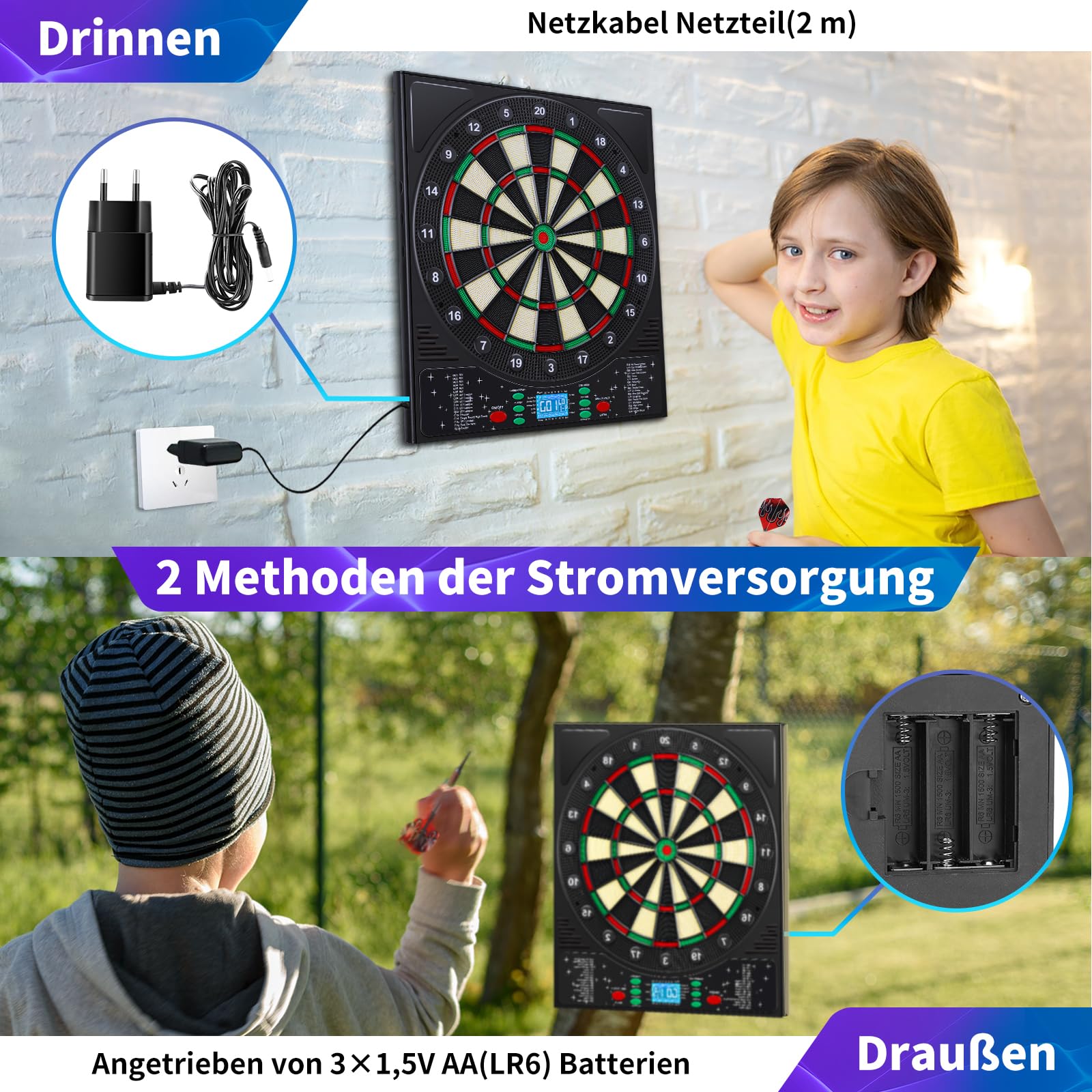 Dartscheibe Elektronisch Profi mit Deutsche Stimme&12 Dartpfeil, Elektronische Dartscheibe mit LCD-Bildschirm, 34 Spiele&355 Variationen, E Dartscheibe Elektronische Dartboard für 1-8 Spieler