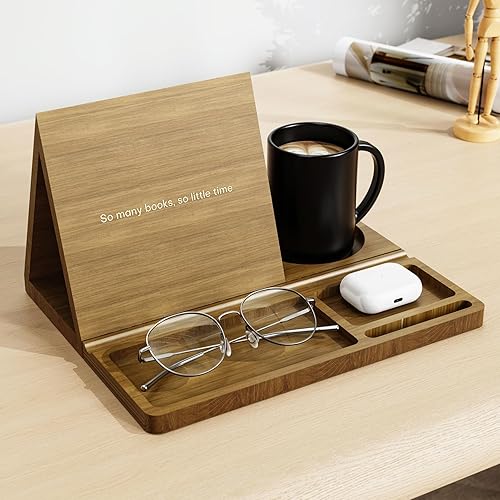 Miniatura 7 de NiHome Soporte de madera de bambú para libros con diseño triangular para apoyar libros en la columna vertebral, organizador multiusos con acabado