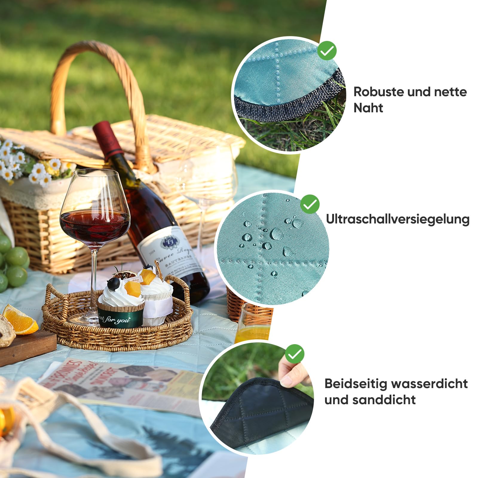Picknickdecke isoliert 200 x 200cm XXL wasserdicht, 210D Oxford Campingdecke Stranddecke Ultraleicht, Picnic Blanket mit Tragegriff Outdoor Decke für 6-8 Personen, Wald