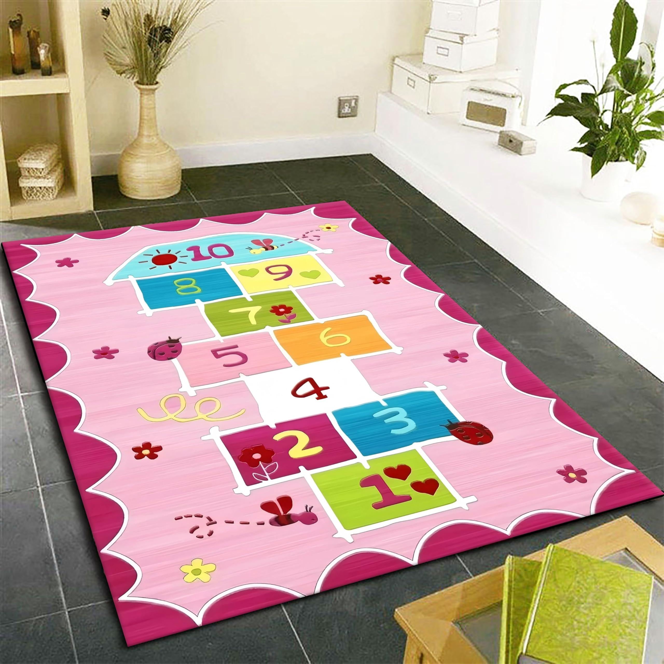 Bunt Zahlen Hüpfspiel Teppich Kinderzimmer, Rosa Blumen Biene Bedruckter Pädagogischer Spielteppich Waschbar rutschfeste Bodenmatte für Wohnzimmer Schlafzimmer 80x140cm