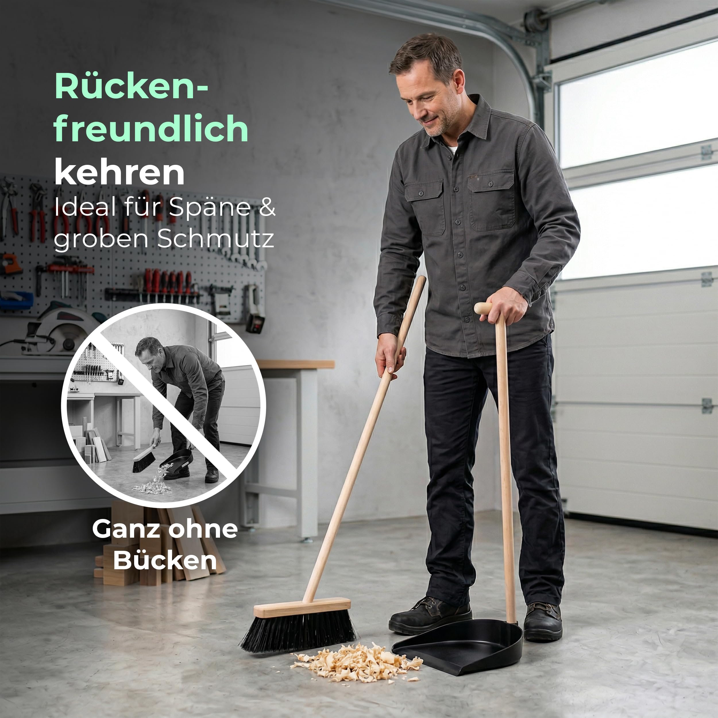 Novaliv Kehrschaufel Set mit langem Stiel – Stehkehrgarnitur Holz, Besenkopf Buche & ABS-Schaufel, aufrecht kehren ohne Bücken, 92 cm