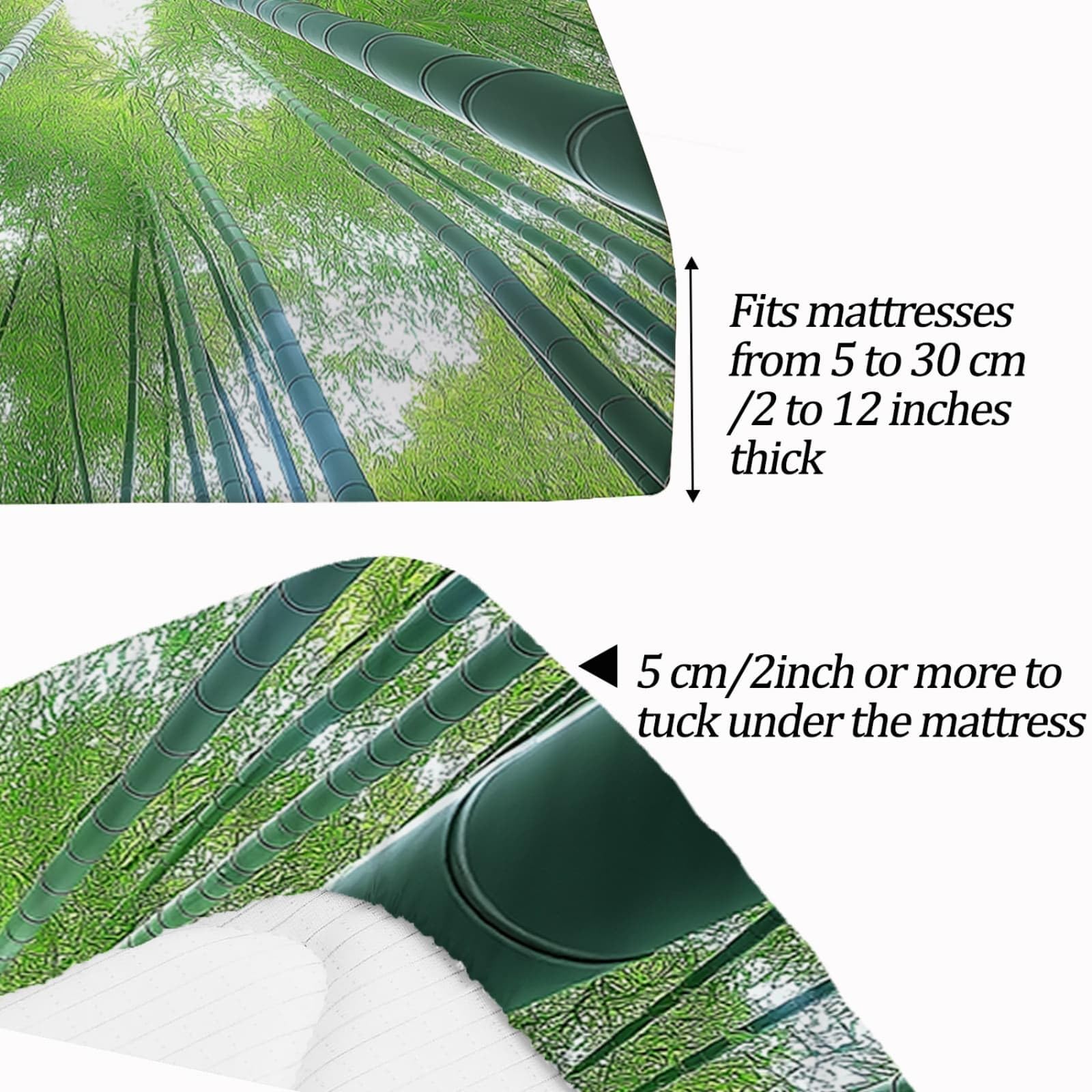 Sábana Ajustable Impresa 160 X 200 Cm X30Cm Transpirable Tacto Suave Sábana Bosque De Bambú Verde Tranquilidad Sábana Bajera Verde Oscuro Verde Claro Juego De Cama para con 2 Fundas De Almohada