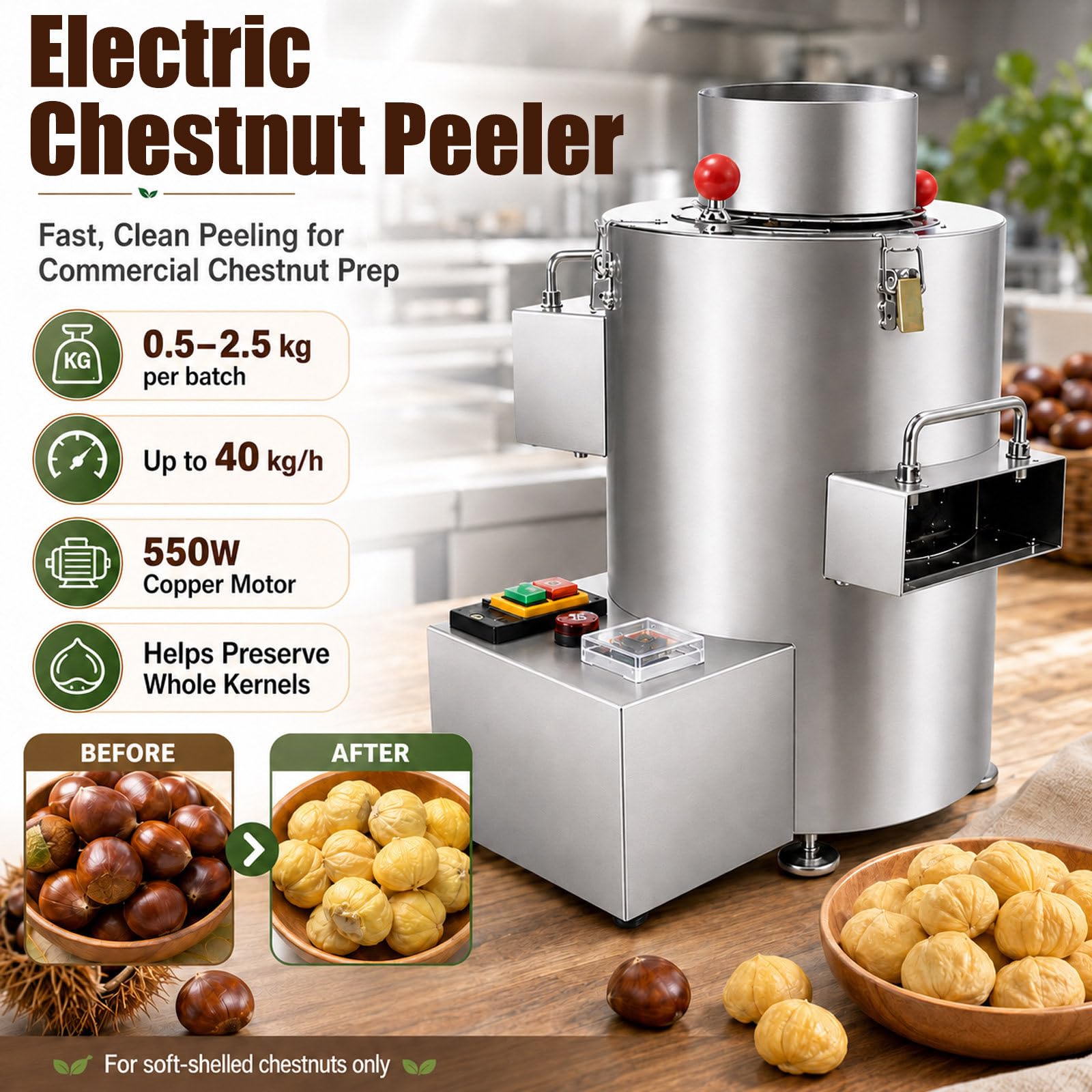Pelatore Elettrico per Castagne, 550 W, Fino a 40 Kg/H, Con Timer 10Knife