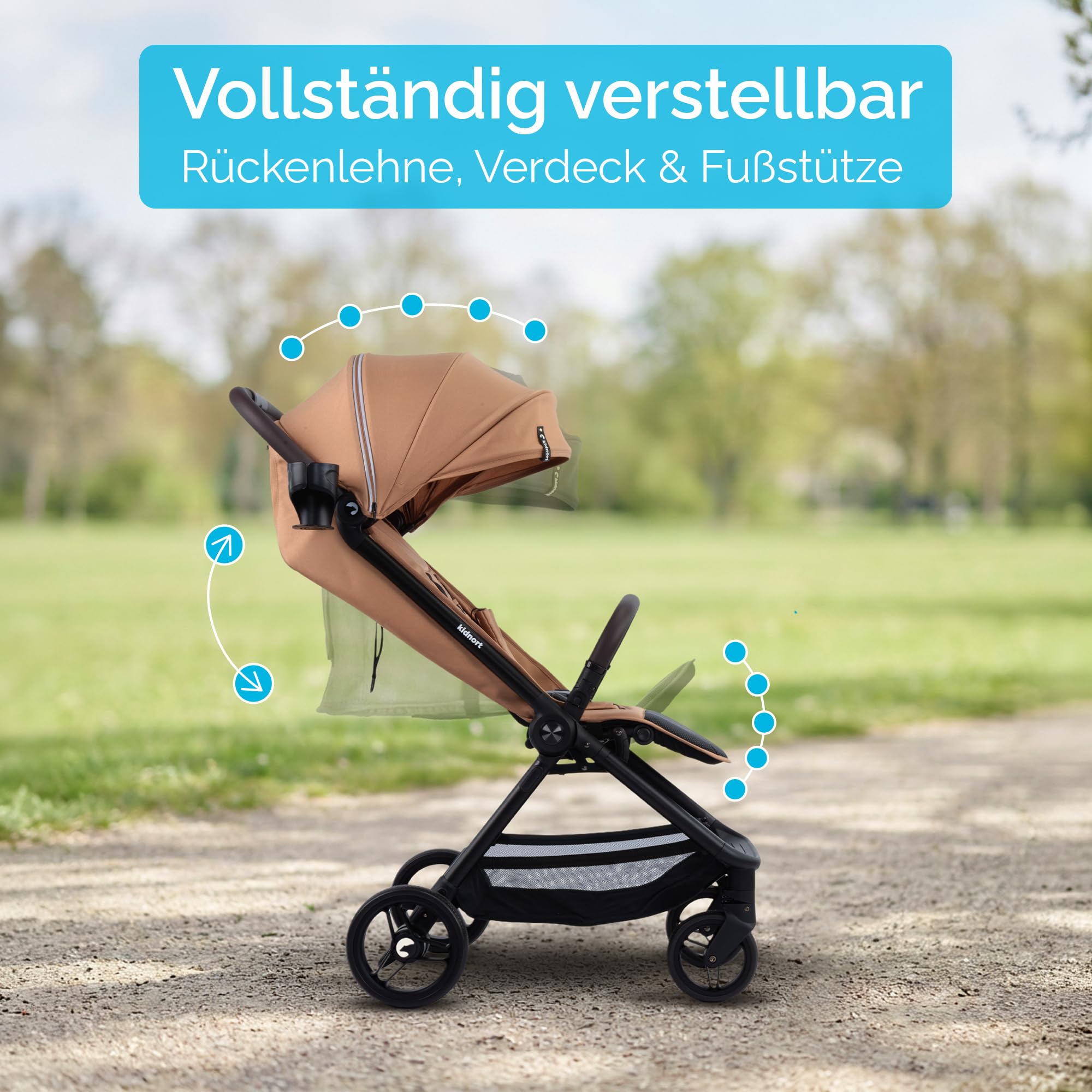 Snøugle Passeggino Leggero da Viaggio Pieghevole con una Mano fino a 22 kg Schienale Reclinabile Ruote Ammortizzate Cintura a 5 Punti Cappottina Estensibile Accessori Inclusi Beige