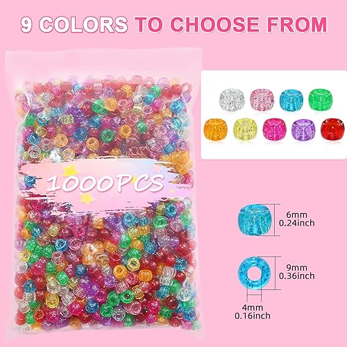 Vista 2 de Amaney - 1000 cuentas de plástico para poni de 0.236 x 0.354 in, mezcla de colores mezclados con purpurina transparente