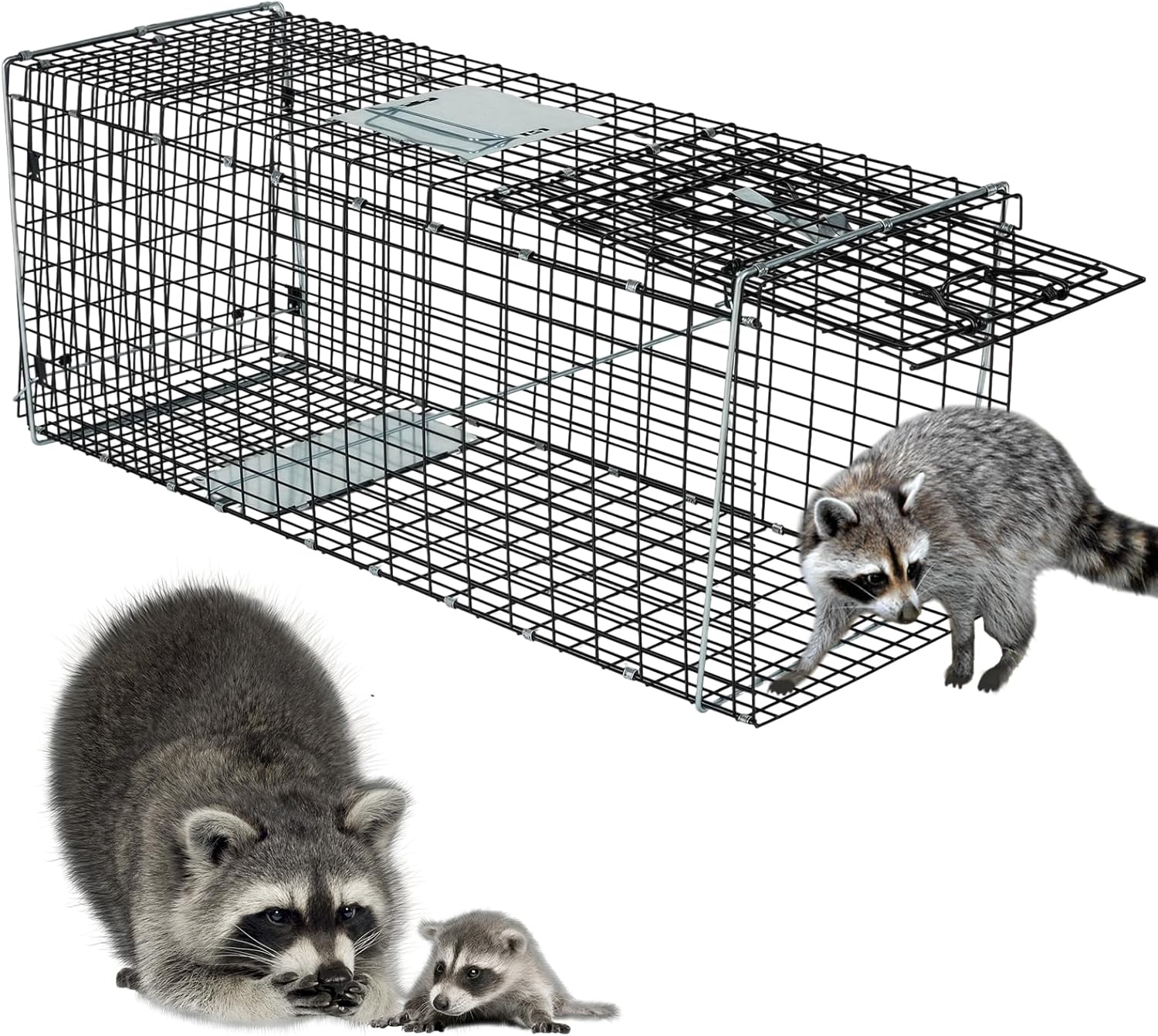 37" Live Raccoon Trap Cage Heavy Duty,Humane Live Animals Trap for Stray Cats, Raccoons, Squirrel, Skunk, Mole, Groundhog, Armadillo, Rabbit Black
