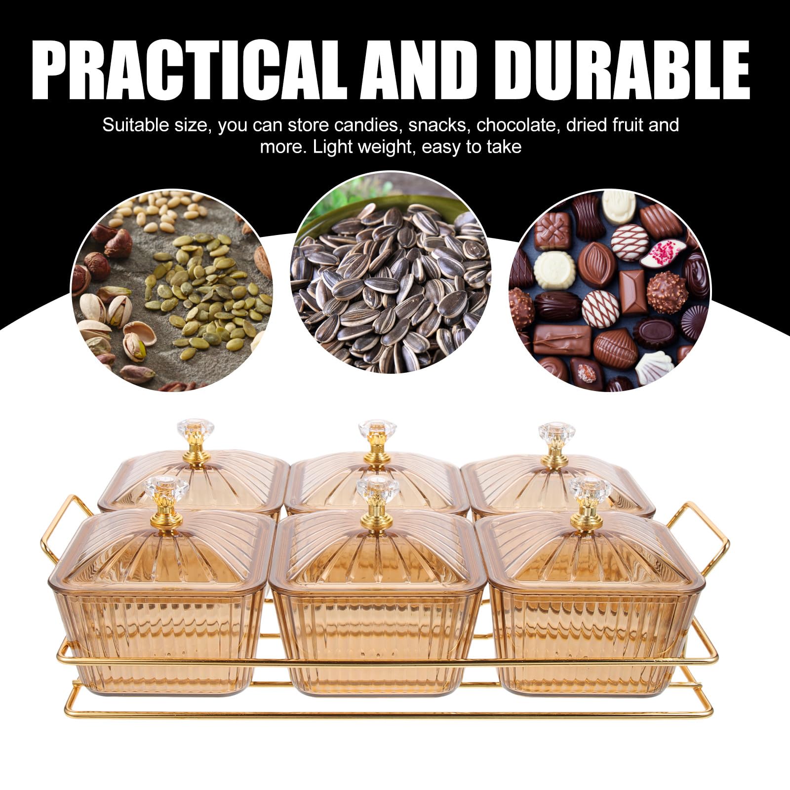 Kichvoe Plato para Aperitivos con Tapa Ámbar de 6 Compartimentos, Bandeja Dividida para Frutas y Snacks, Material Resistente para Uso Doméstico, Adecuado para Fiestas y Reutilizable