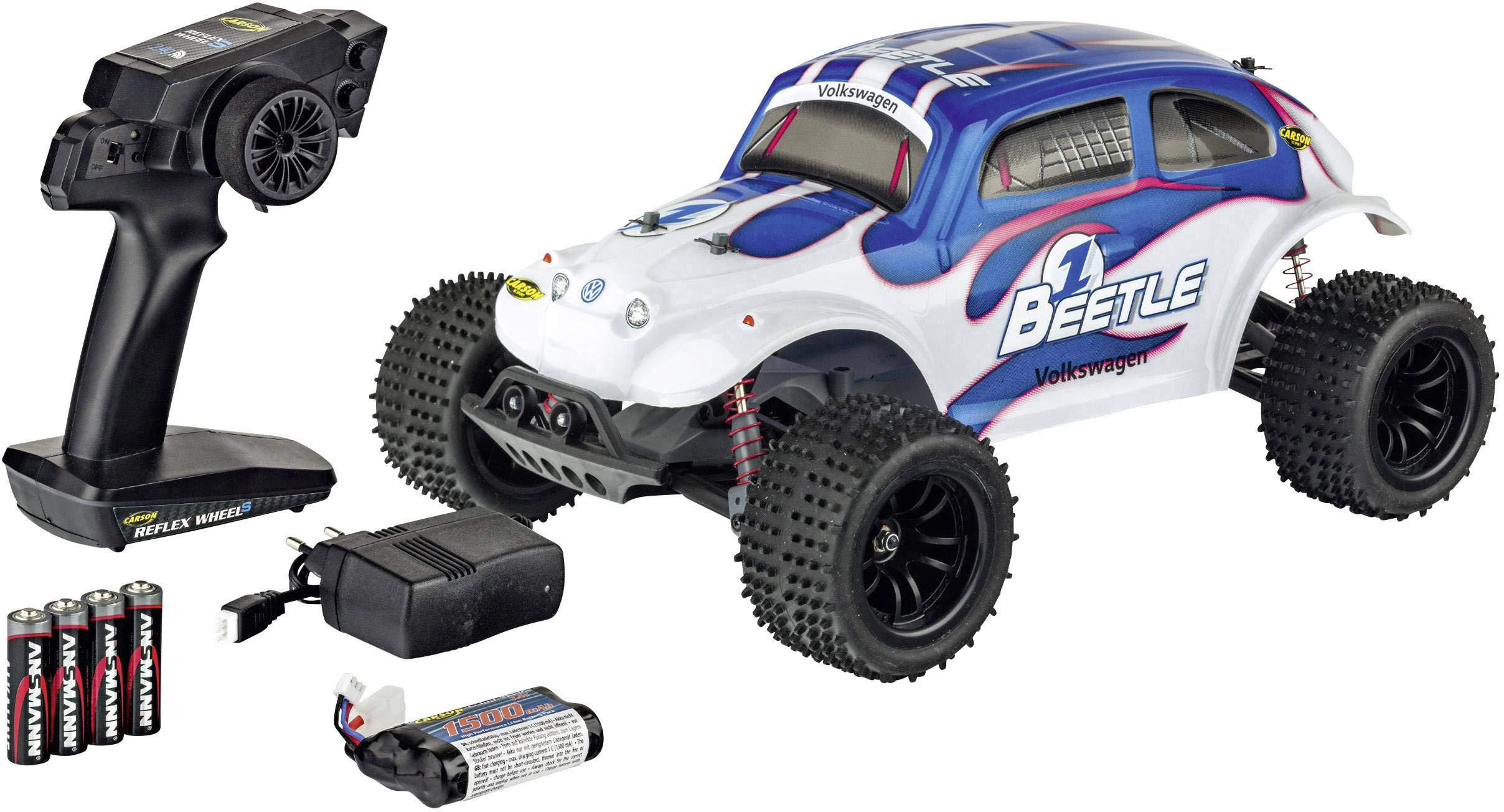 CARSON 500404142 – 1:10 VW Beetle FE 2,4 GHz 100% RTR, zdalnie sterowany samochód/pojazd, pojazd RC, w zestawie baterie i zdalne sterowanie, 2 WD, karoseria z nadrukiem, instrukcja obsługi (może nie