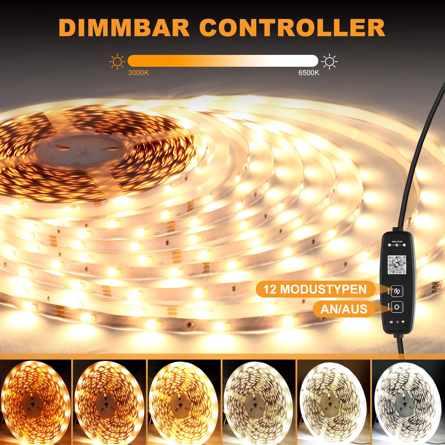 Led Strip 20M Weiß Dimmbar, 3000K-6500K Warmweiß bis Kaltweiß | 24V Led Streifen Selbstklebend mit Fernbedienung, Smart App and Controller Function (‎Warmweiß 3000k Kaltweiß 6500k, 20M)