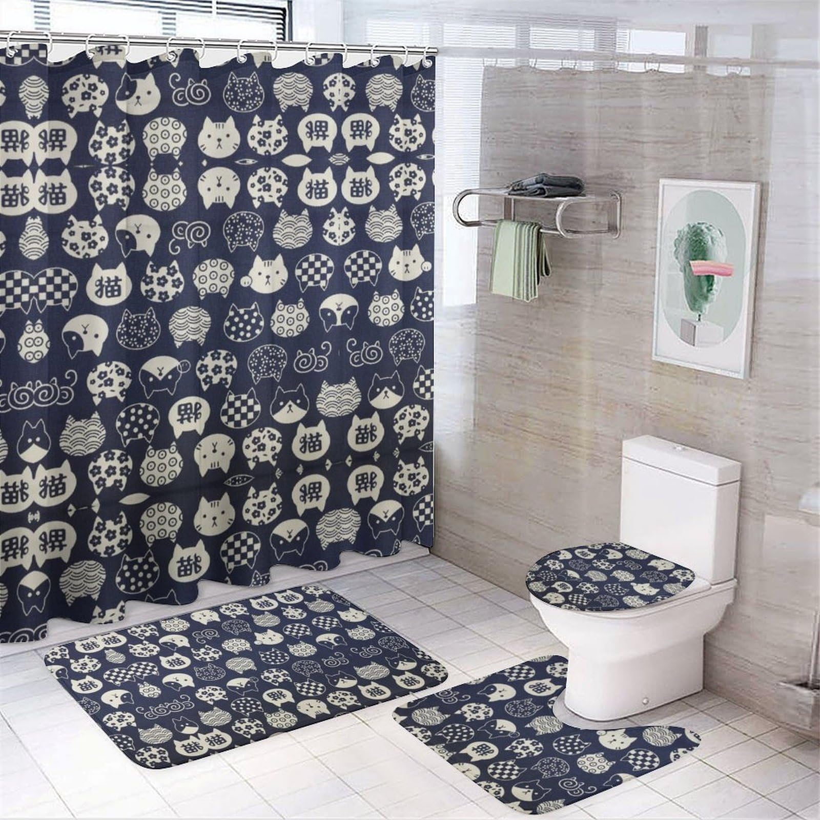 JiuPopular Bathroom Mat Set 4 Piece, Cat Lucky Pattern Shower Curtain with Non-Slip Bath Mats for Bathroom