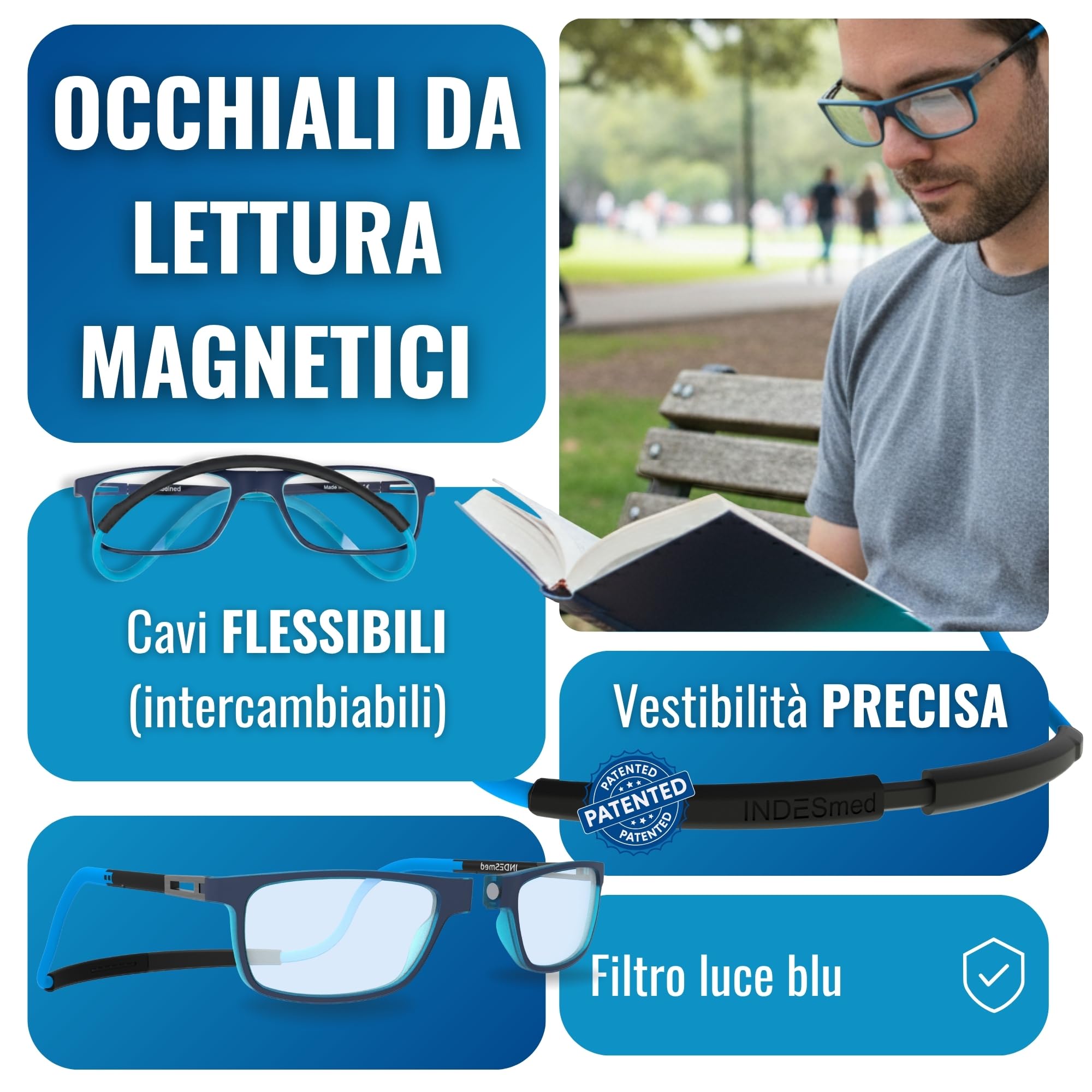 INDESMED Occhiali da Lettura Magnetici con Calamita - Regolabili, Pieghevoli, Colorati e Personalizzabili – Elegante con Filtro Luce Blu, Uomo e Donna - Occhiali clic montatura dalle linee morbide
