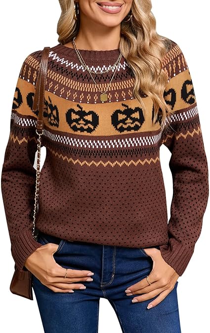 Women's Vintage Fair Isle Pullover Sweater Casual Fit Dressy Crewneck Long Sleeve Lightweight Knit Tops