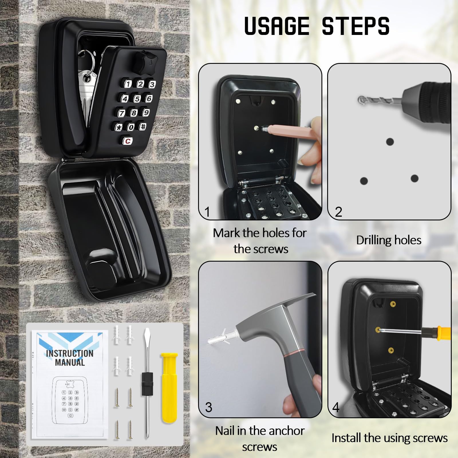 Kizaten Wall Mounted Key Safe, Key Lock Box with Resettable 12-Digit Code, Weatherproof Cover Security Key Box for Outside Home Office - Image 2