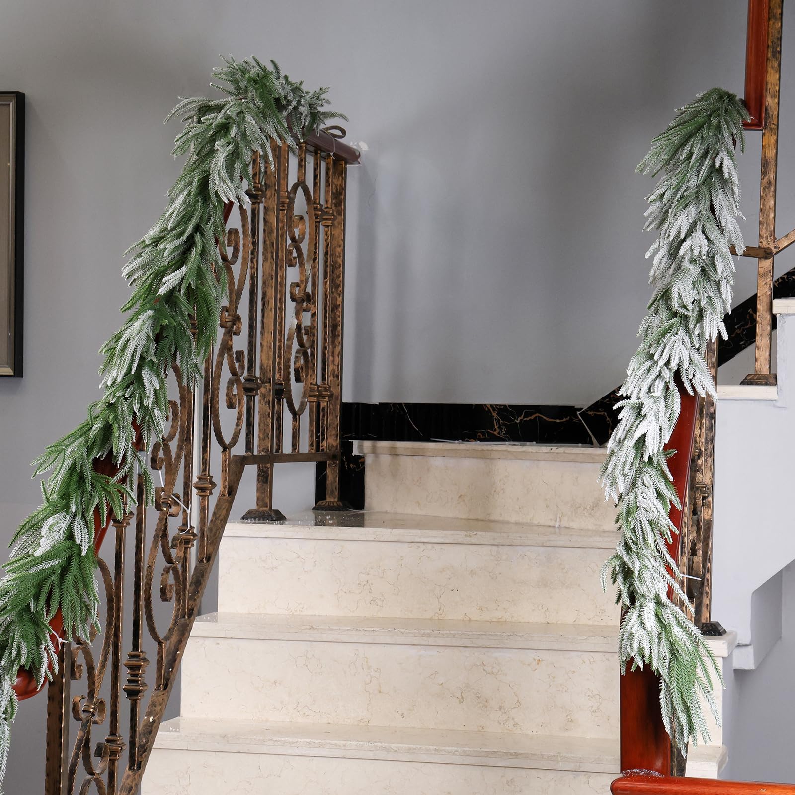 2 guirnaldas de pino Norfolk flocado de nieve, guirnalda de pino de invierno de 72 pulgadas, guirnalda verde artificial verde para mesa, mantel, pared, interior y exterior, decoraciones de Navidad