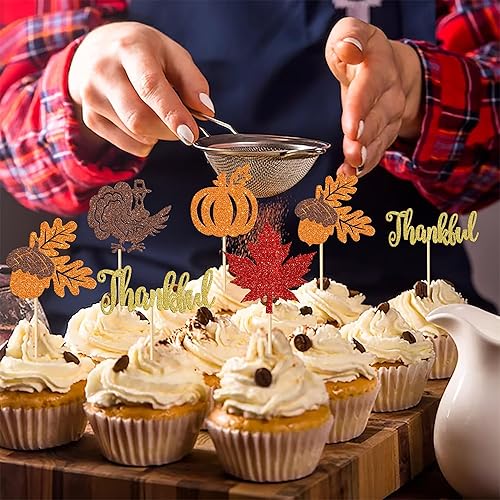 Miniatura 5 de Paquete de 24 adornos para cupcakes con purpurina con purpurina para dar gracias, decoración de pasteles para el día de Acción de Gracias, para baby