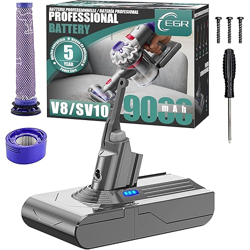 EGR Upgraded 9000mAh V8 Battery Replacement Compatible with Dyson V8 Animal Battery Replacement V8 Absolute V8 Motorhead V8 Fluffy SV10 Carbon Fiber Vacuum Cleaner 2 Filters and 3 Screws Included