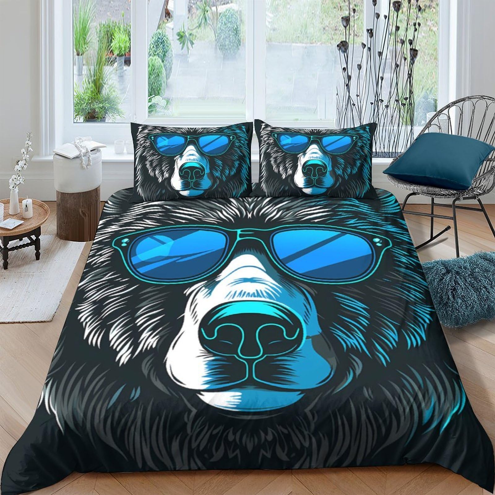 Ctjqhvkz Style-2 3D Printed Cool Bear Sunglasses Fitted Sheet Microfiber Soft Black Blue Bed Cover Non Slip For Bedroom Guestroom Single（135X200cm）