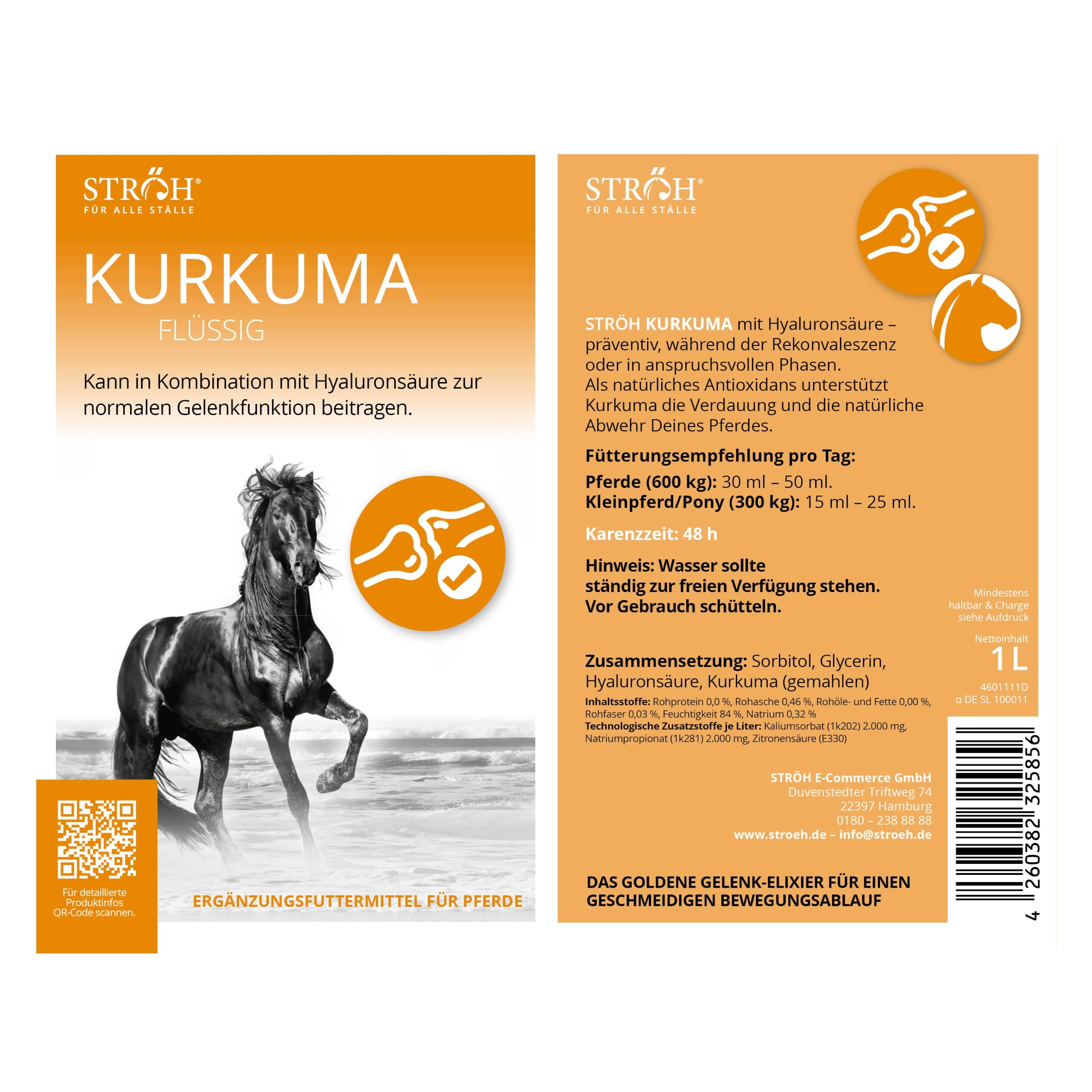 STRÖH Kurkuma flüssig für Pferde - Mit Hyaluronsäure - 1L Dosierflasche