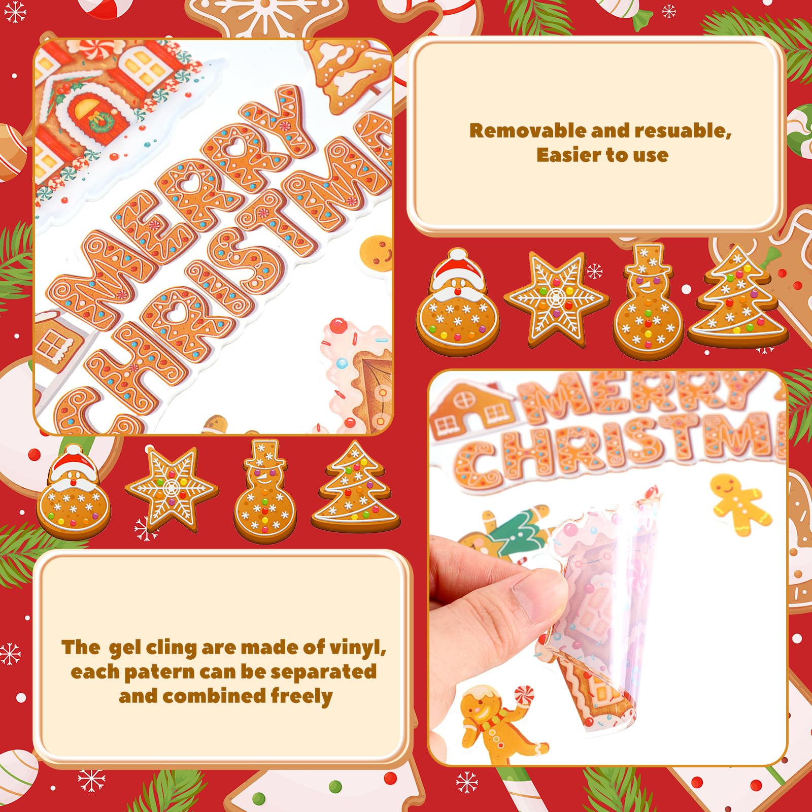 Tellingyou 56 Stück dicke, weihnachtliche Gel-Aufkleber für Lebkuchenmann, Süßigkeitenhaus, Fensteraufkleber, Weihnachts-Fensteraufkleber, Aufkleber für Erwachsene, Zuhause, Kinderzimmer, Weihnachten,
