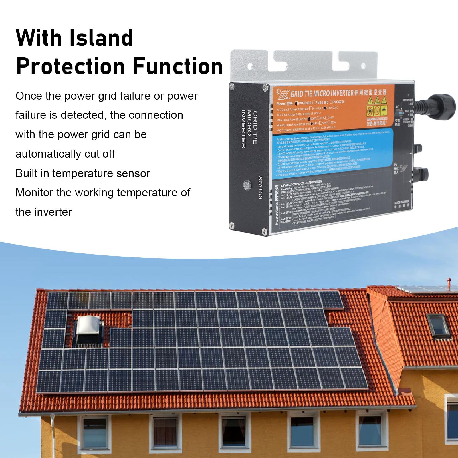 FTVOGUE Microinversor Solar de 500 W, Microinversor de Conexión a Red Solar de Aleación de Aluminio AC220 V Protección de Corriente de Onda Sinusoidal Pura para Panel Uso de Energía en el Hogar