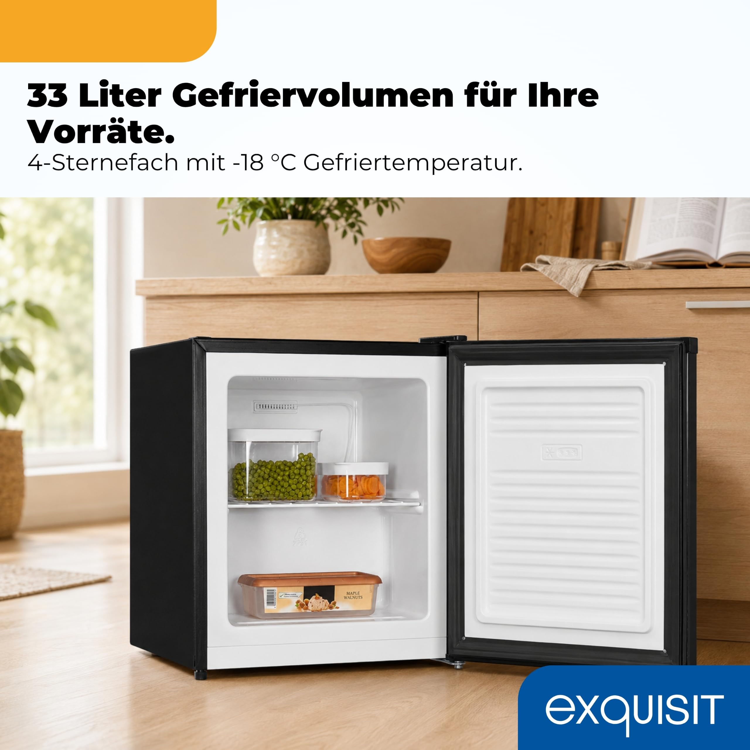 Exquisit Mini Gefrierschrank 33 l | 4-Gefrierfach | kompakt 44 cm breit | 40 dB | Türanschlag wechselbar | GB05-040E schwarz | Schwarz