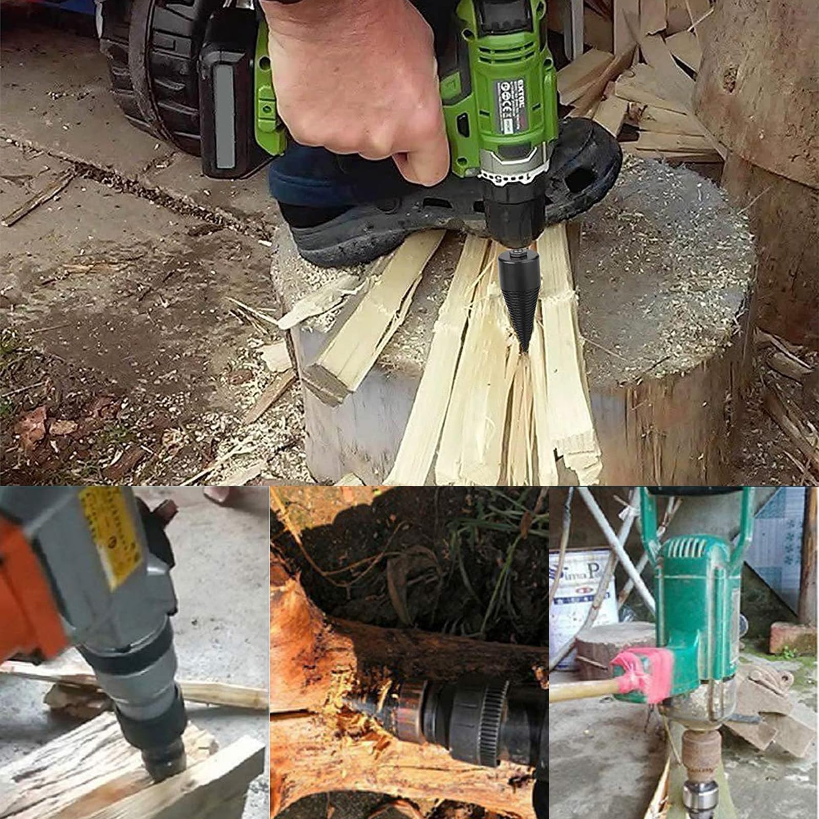 42mm Astilladora de Leña,Astilladora de Leña Electrica con 3 Asas de Taladro，Astilladora de Troncos，Divisor para Leña，para Partir Madera y Talar árboles.
