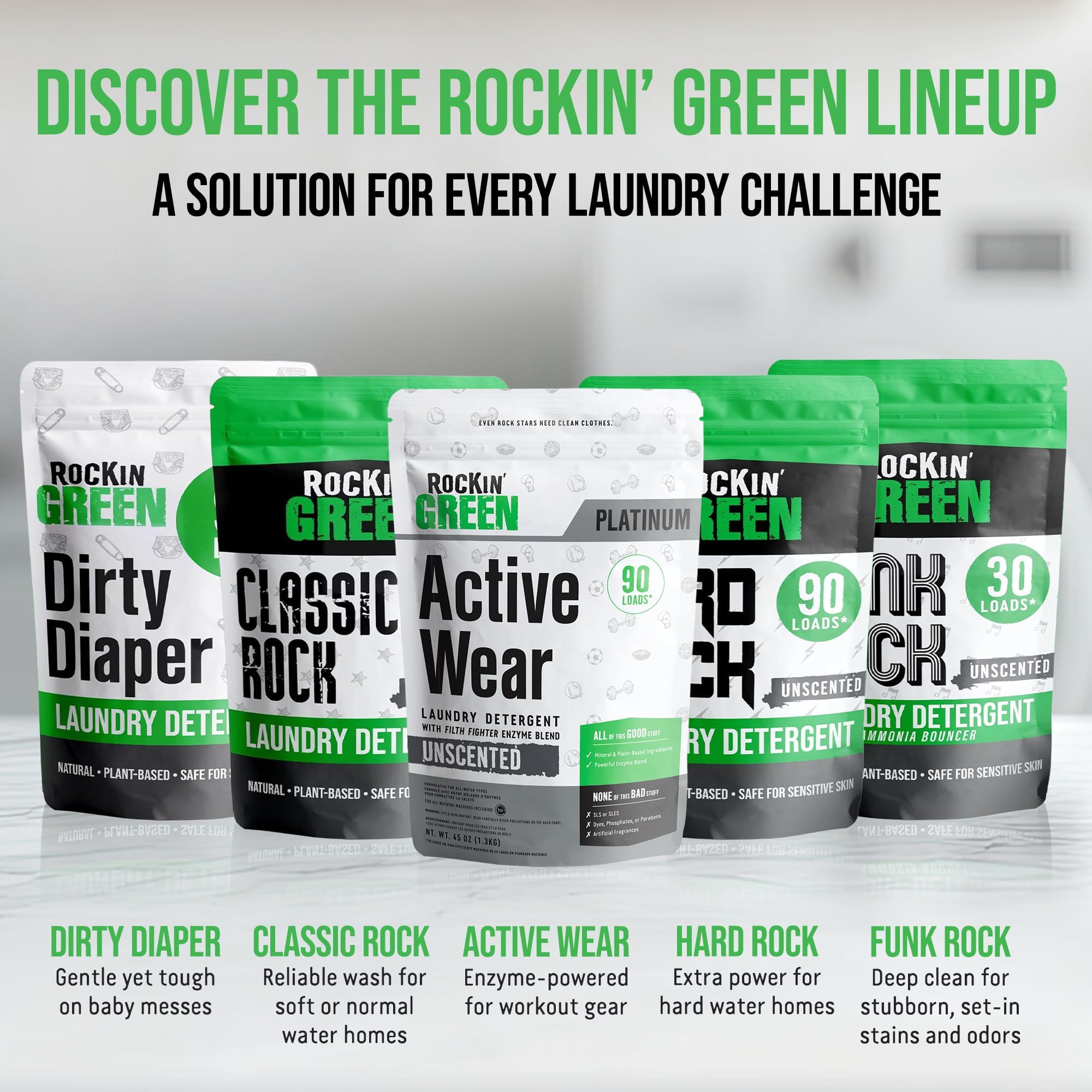 Rockin' Green | Detersivo per bucato Active Wear | 1.275,7 g/90 carichi, tutto naturale, biodegradabile ed ecologico