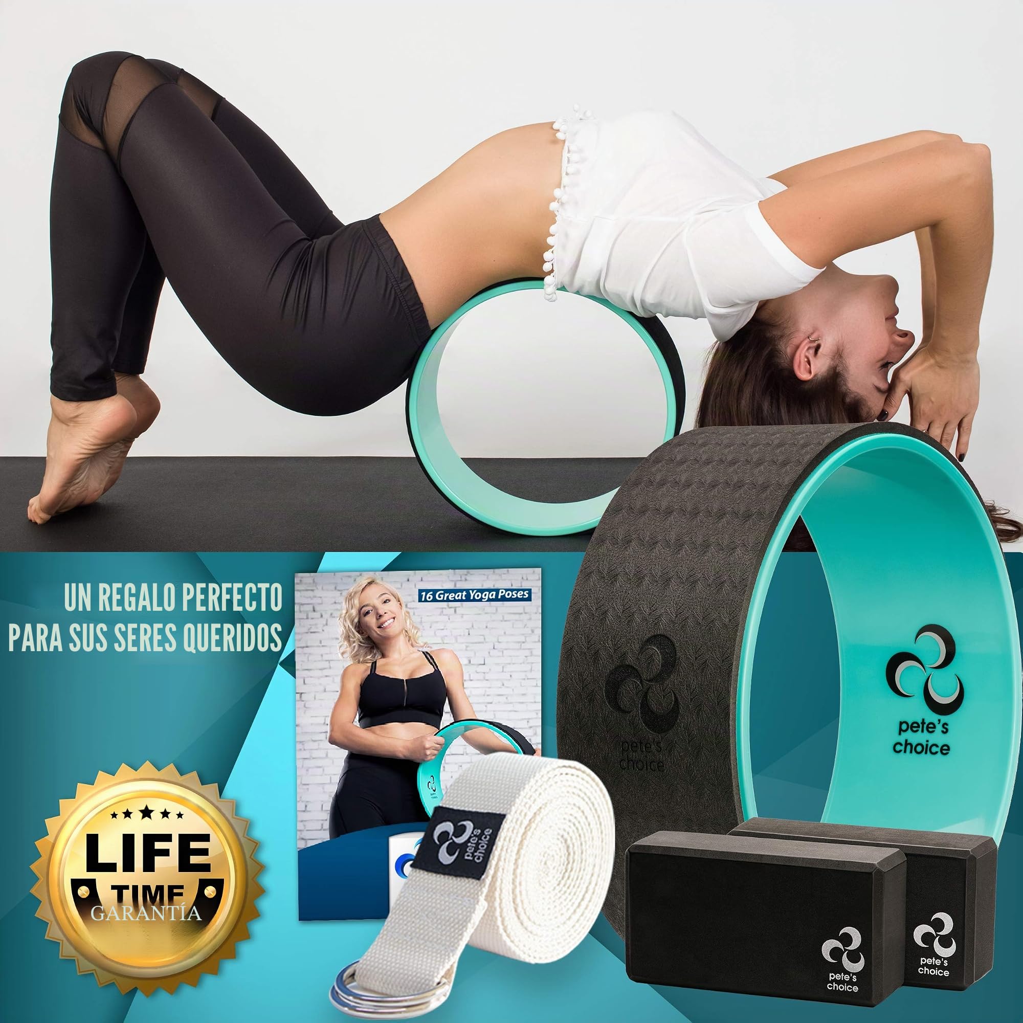 Set de Yoga para Principiantes – Rueda, 2 Bloques, Correa y eBook | Rodillo Dorsal contra el Dolor de Espalda – para más Flexibilidad y Mejor Postura – Kit Completo para Casa