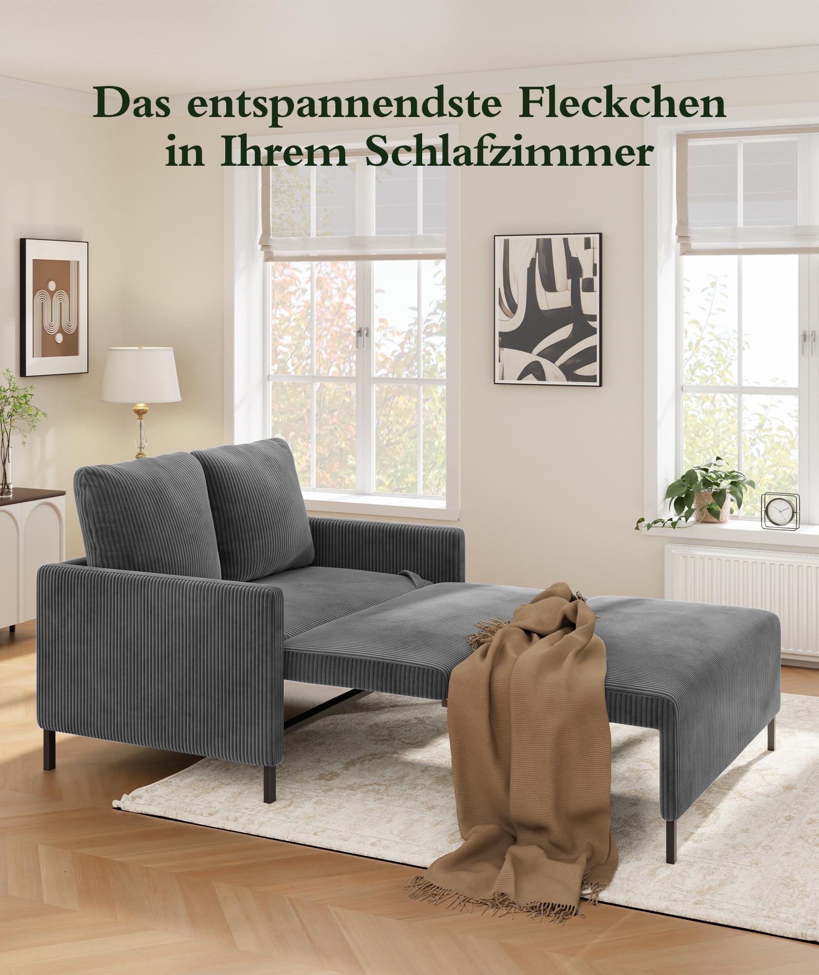 Domusensus Schlafsofa, 120CM Cord Sofa mit Schlaffunktion, 2 Sitzer Sofa | Schlafcouch 53CM Extra Tiefe Sitze, Couch mit schlaffunktion, Klein Sofa 2 Sitzer, Schlafzimmer Sofas fürs Büro 2 Kissen,Grau