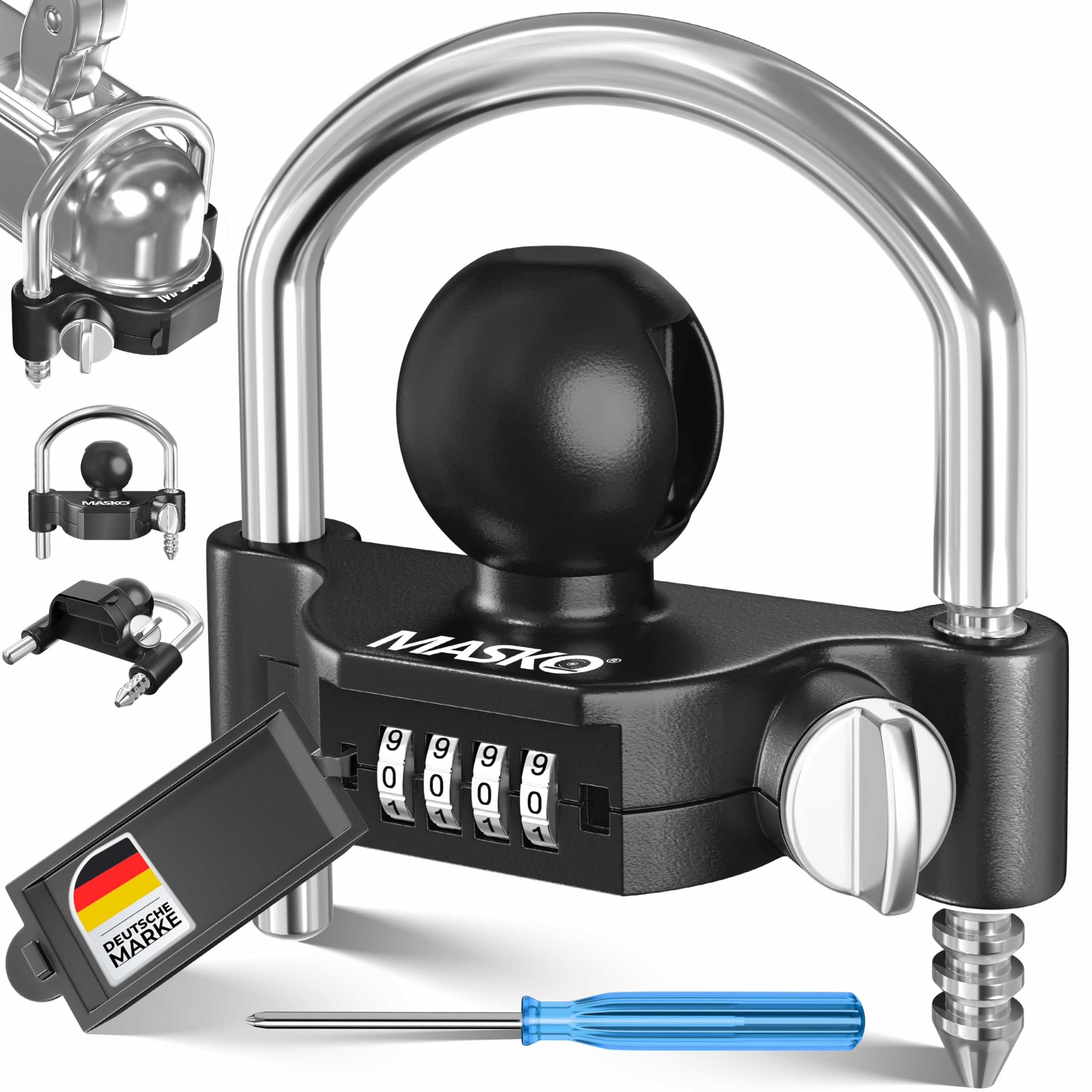 MASKO® Lucchetto per Rimorchio, Lucchetto a Combinazione con Codice a 4 Cifre per i Comuni ganci di Traino, Facile Installazione, Protezione Antifurto, Roulotte, Rimorchio, Nero