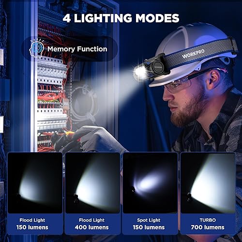 Miniatura 3 de WORKPRO Linterna frontal de trabajo recargable, lámpara de cabeza LED de 700 lm con sensor de movimiento, ángulo ajustable de 180 y largo tiempo de