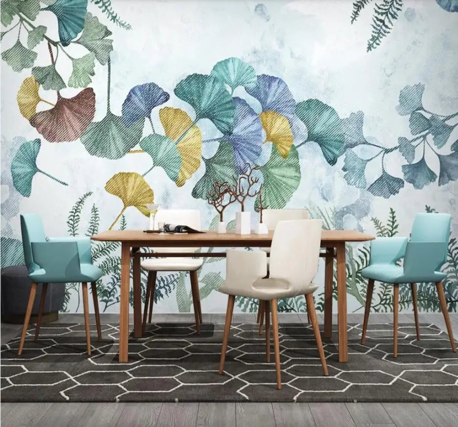 Tzxztt Retro Fresh Plants Ginkgo Leaves Hand Drawn Modern 3D Wallpaper Premium Textured Silk Neutral Tones Material Ideal for Living Room Bedroom-250cm×170cm